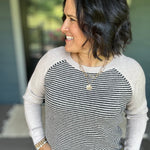 Taupe & Black Stripe Raglan Crew Sweater Top - Sweater STACCATO