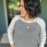 Taupe & Black Stripe Raglan Crew Sweater Top - Sweater STACCATO