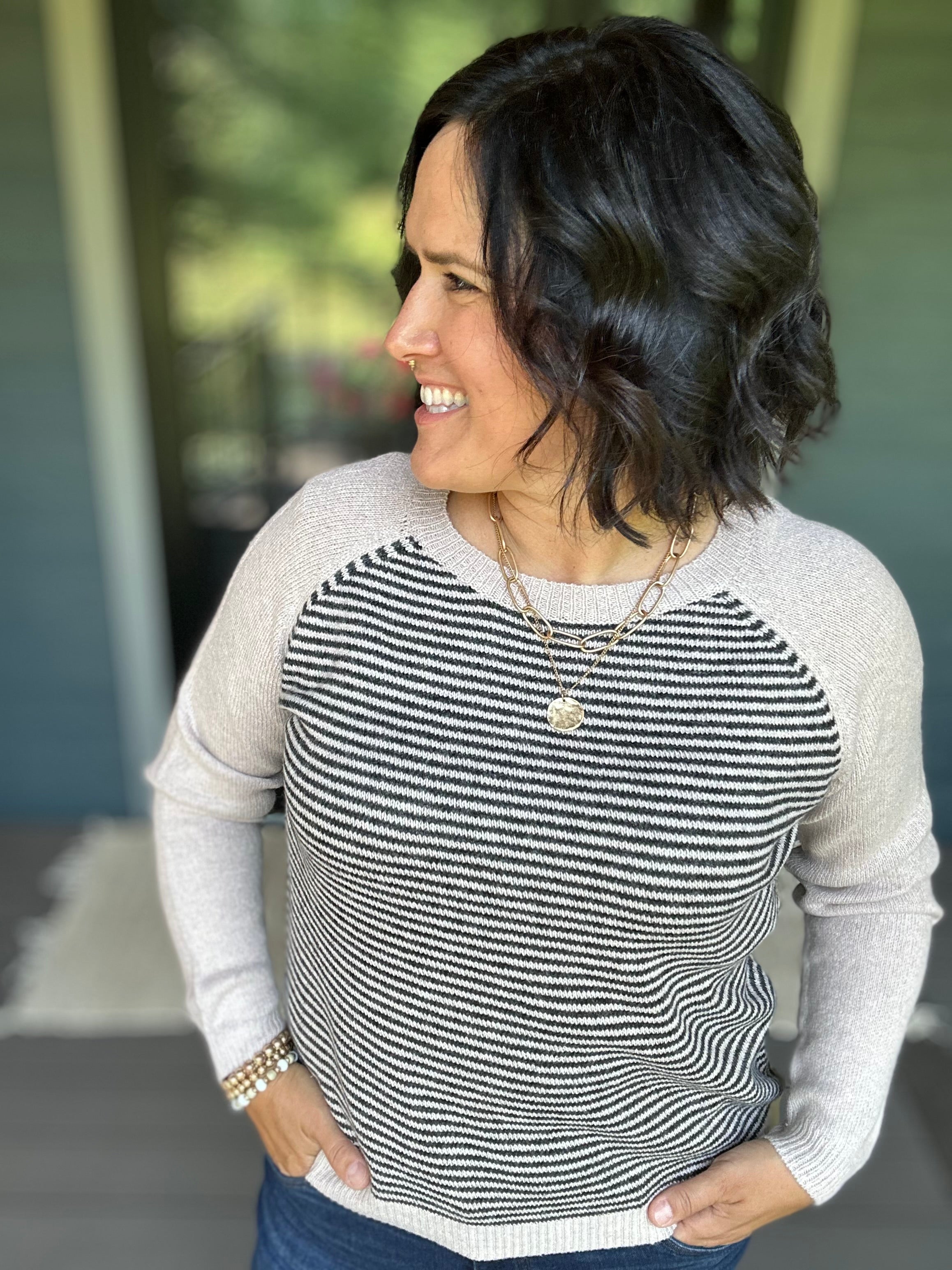 Taupe & Black Stripe Raglan Crew Sweater Top - Sweater STACCATO
