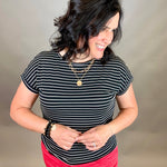 Black Stripe Button Shoulder Terry Tee Top - Tee STACCATO