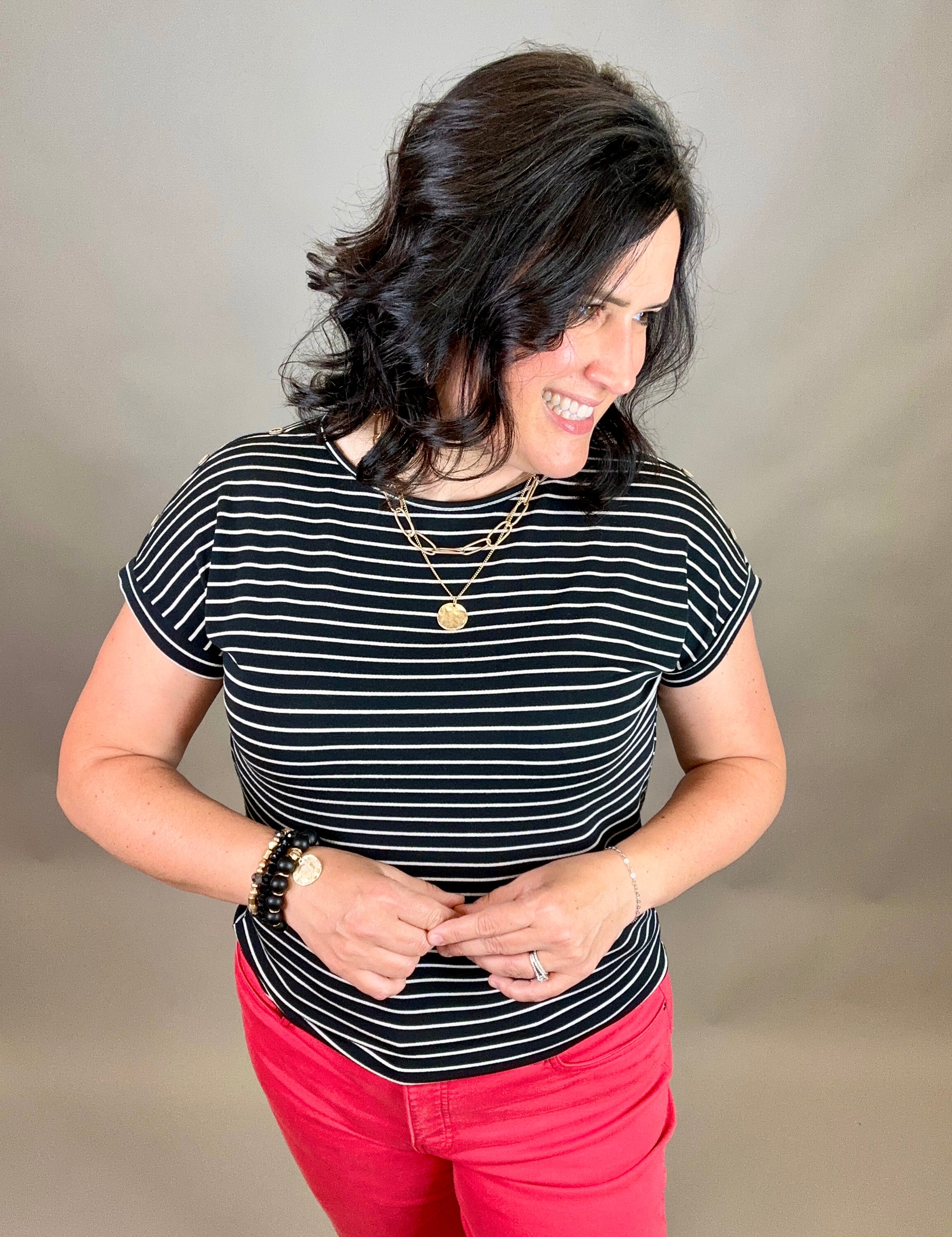 Black Stripe Button Shoulder Terry Tee Top - Tee STACCATO