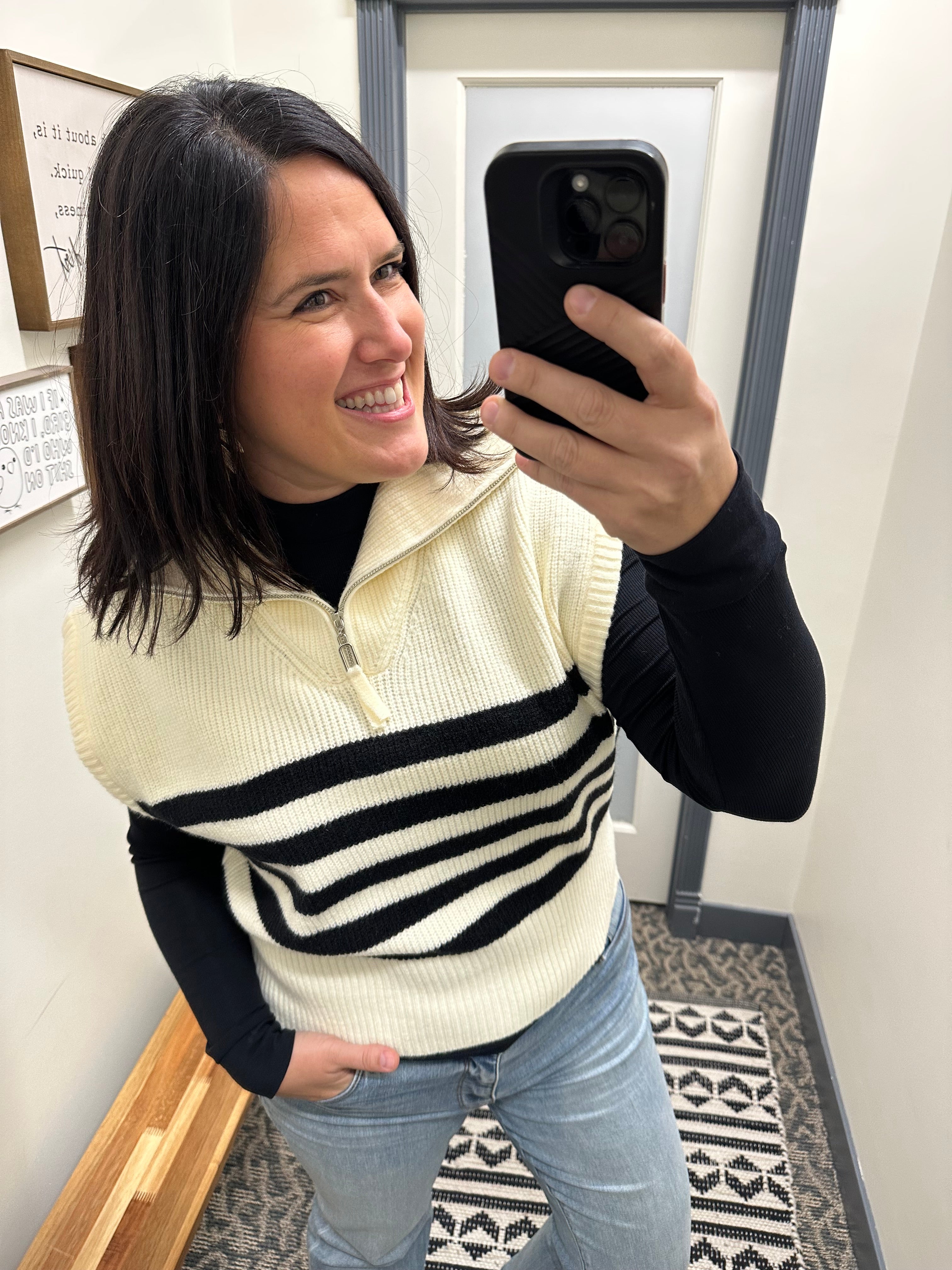 Ivory Striped Half Zip Sweater Top Top - Sweater DOE & RAE