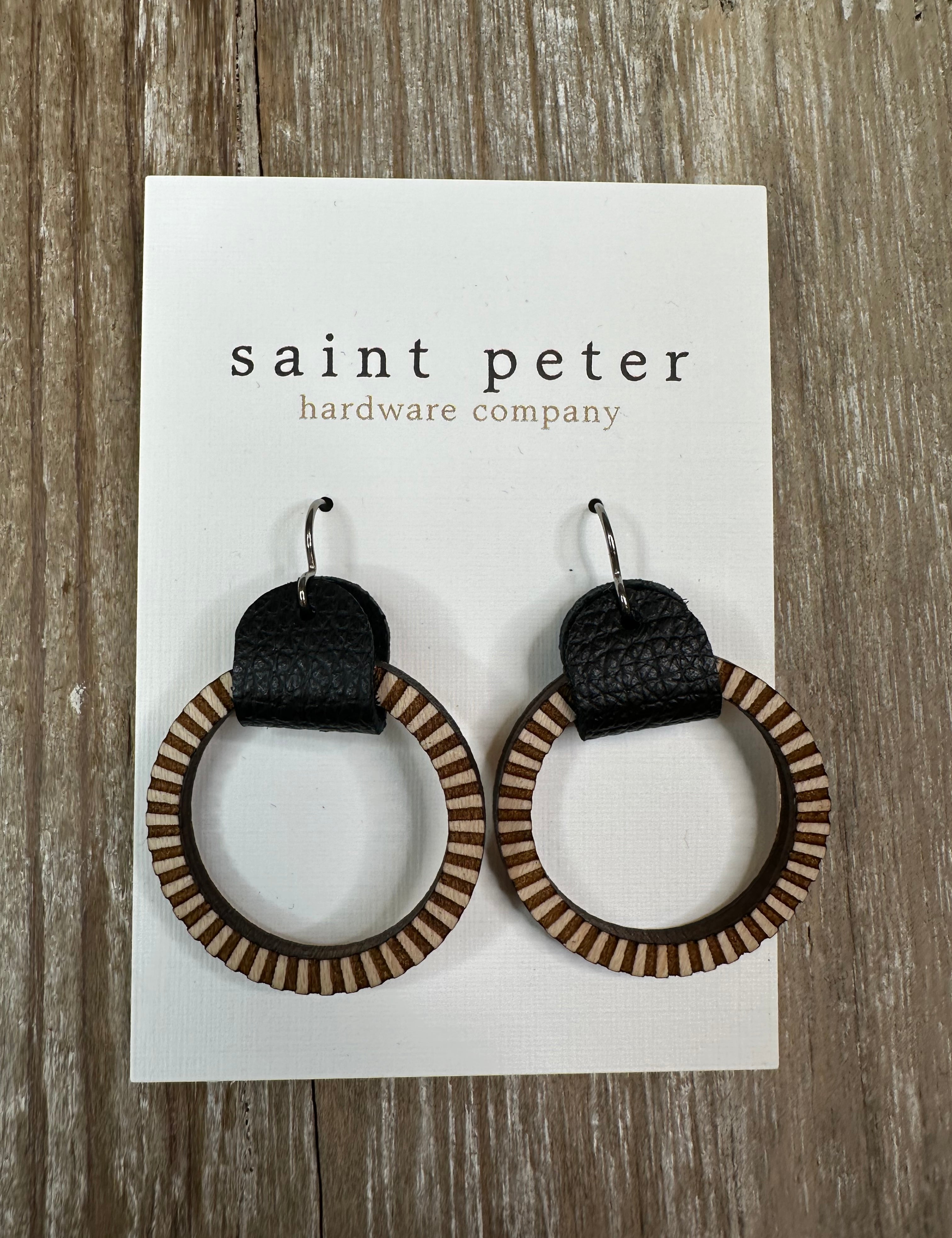 Textured Small Circle Earrings w/ Black Leather Jewelry - Earrings St. Peter Hardware
