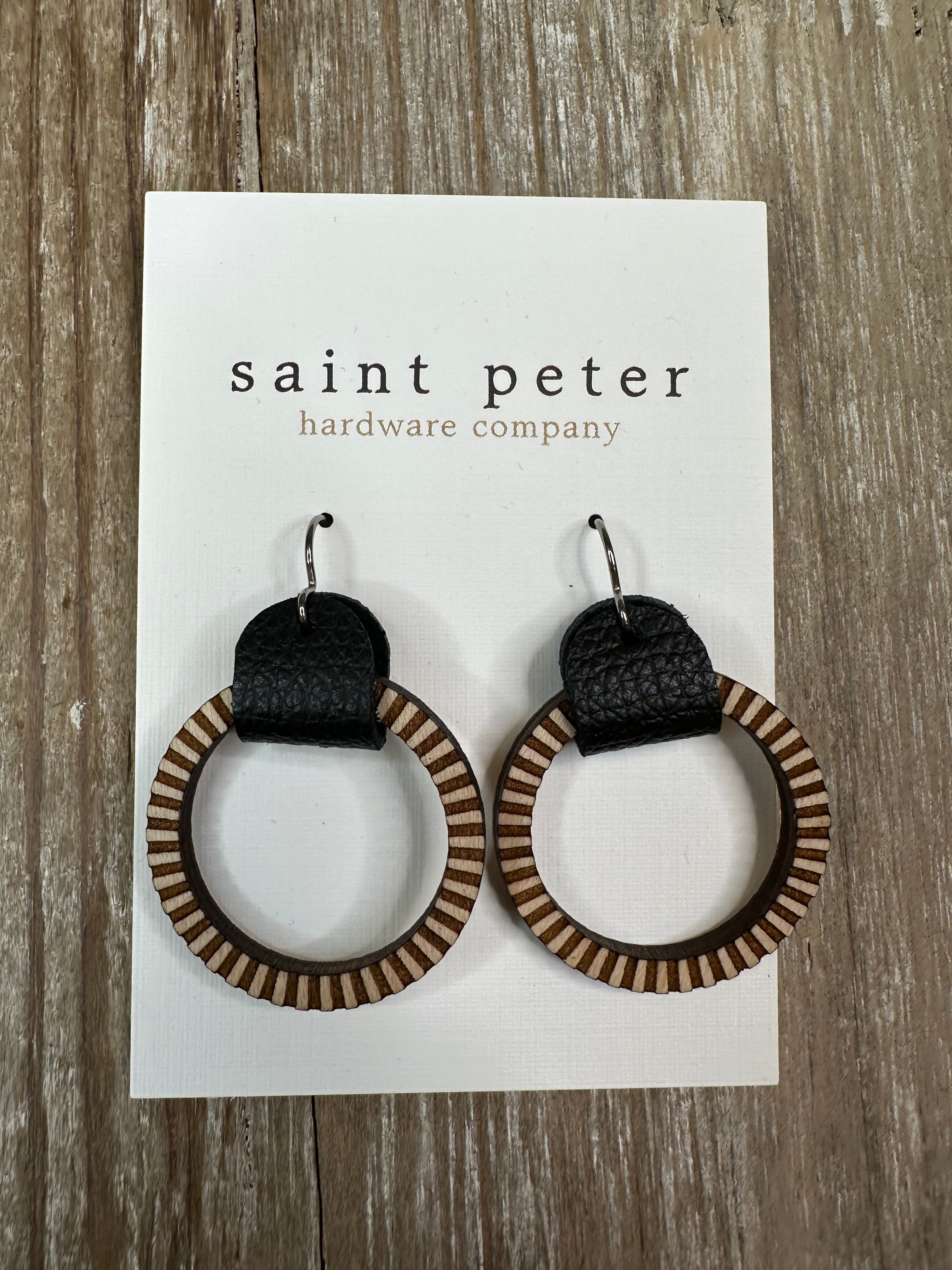 Textured Small Circle Earrings w/ Black Leather Jewelry - Earrings St. Peter Hardware