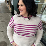 Magenta Crew Neck Striped Sweater