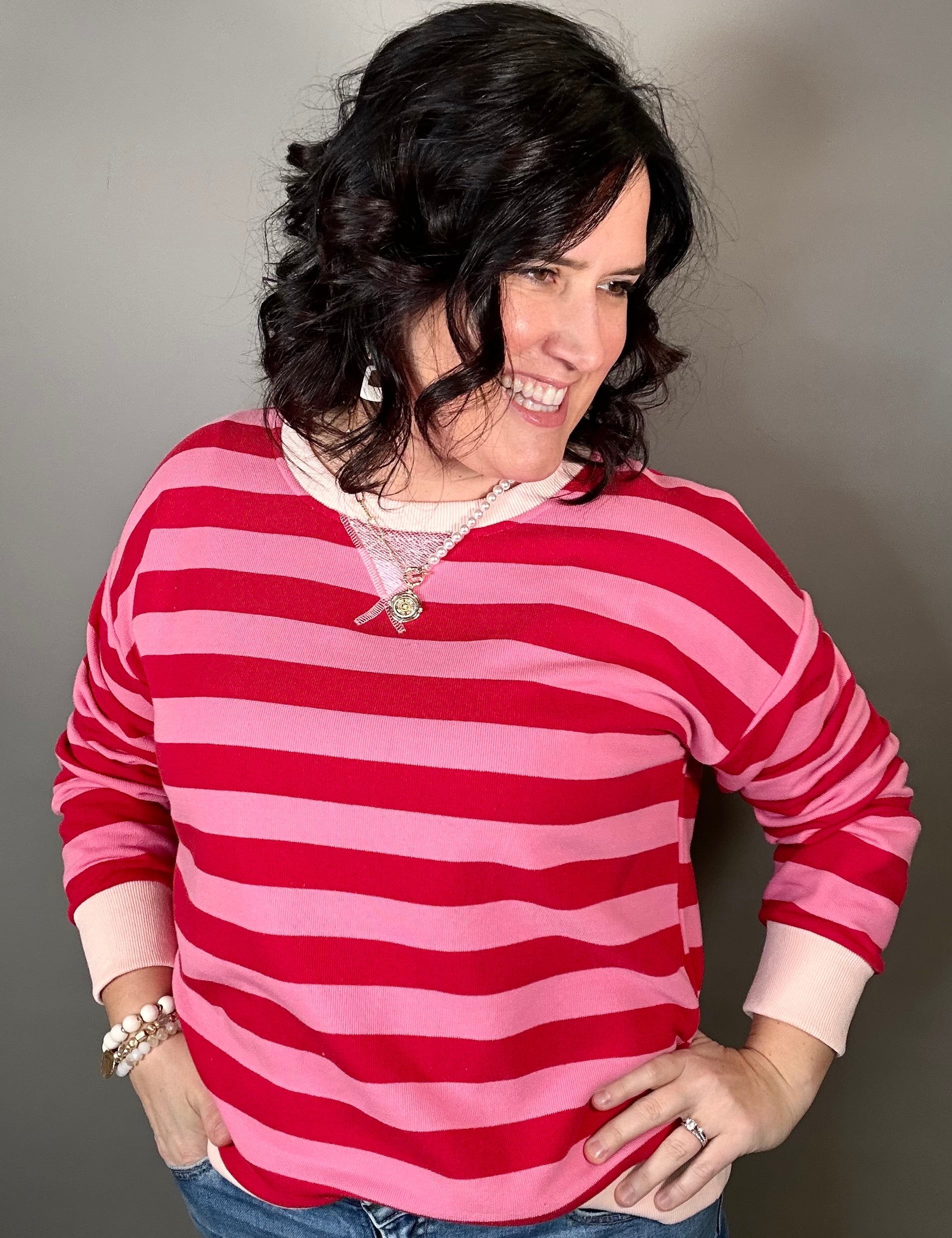Red Striped Sweatshirt Tops- Sweatshirt HEM & THREAD