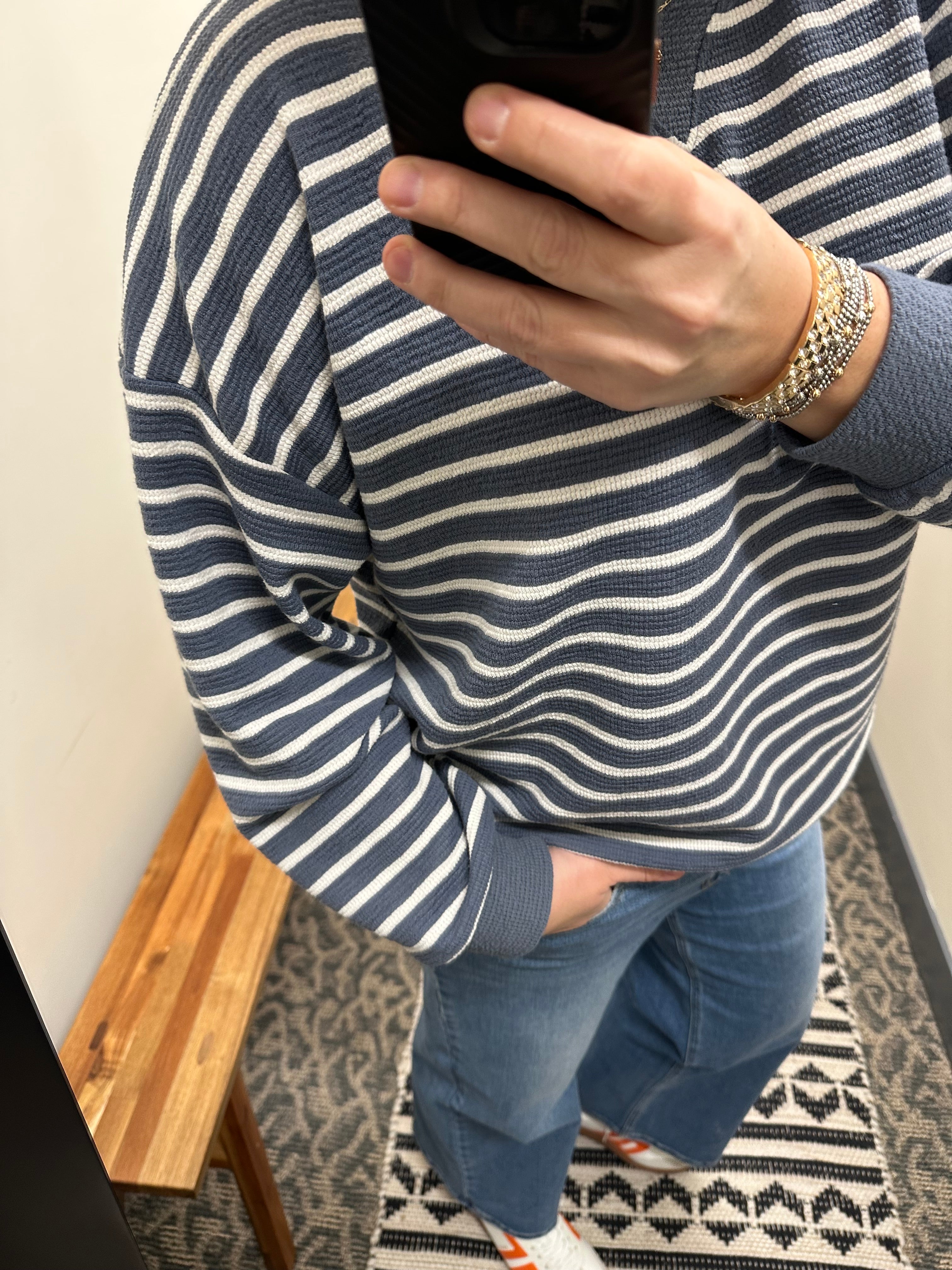 Denim Cloudy Knit Stripe Sweatshirt Top- Sweatshirt TRES BIEN