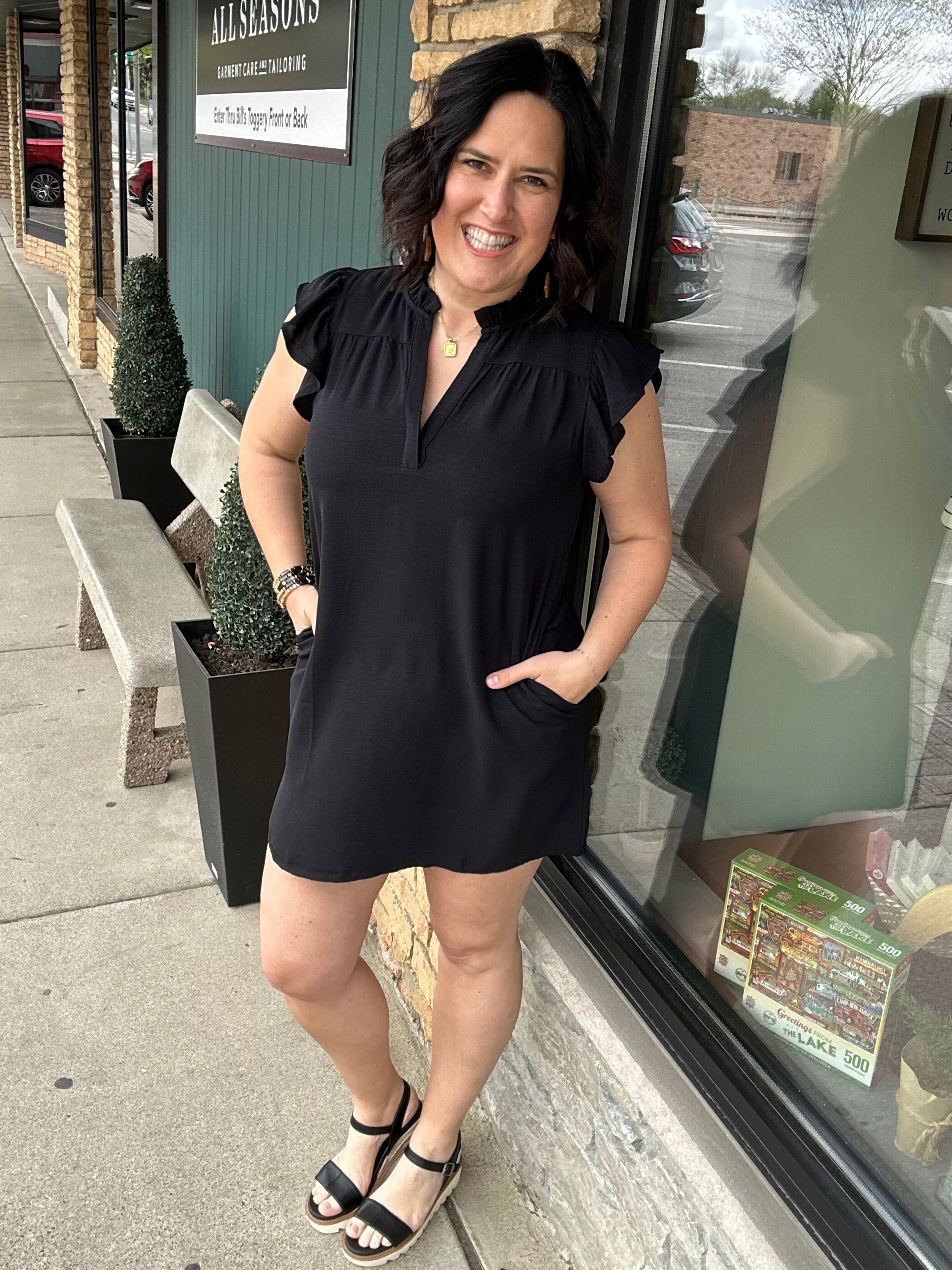 Black Frilled Split Neck Dress Dresses STACCATO