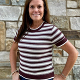 Welles Cream Maroon Stripe Knit Top
