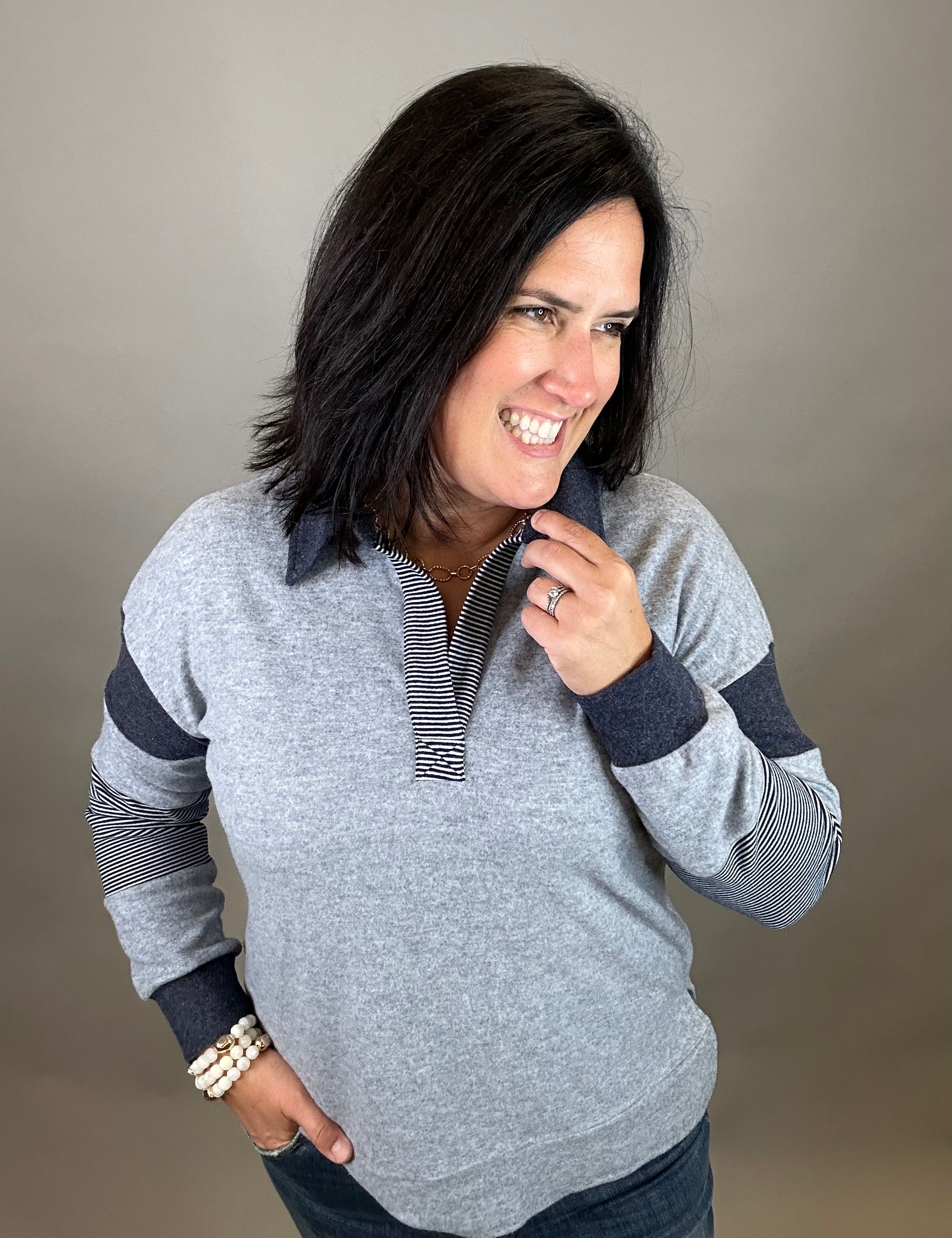 Navy Striped Henley Pullover Top - Sweatshirt STACCATO