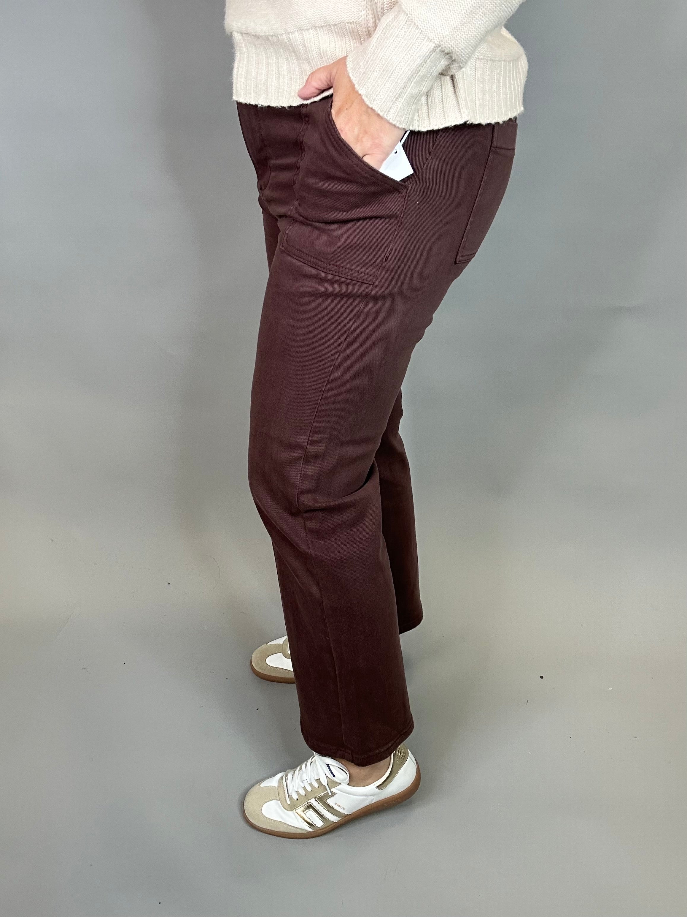 Brown Ankle Flare Patch Pocket Jeans Bottom- Pants RISEN
