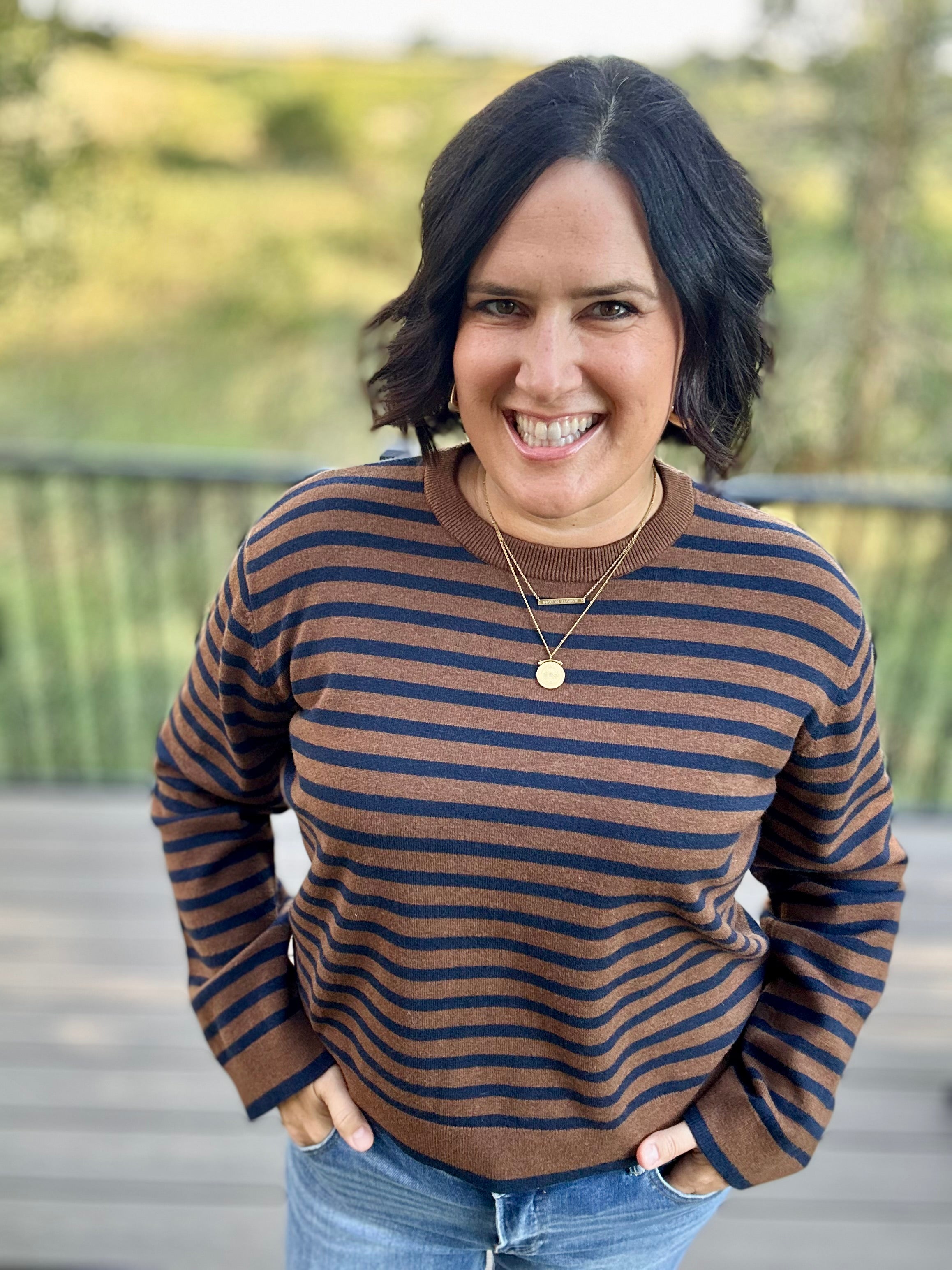 Navy & Brown Stripe Sweater Top - Sweater Mod Ref