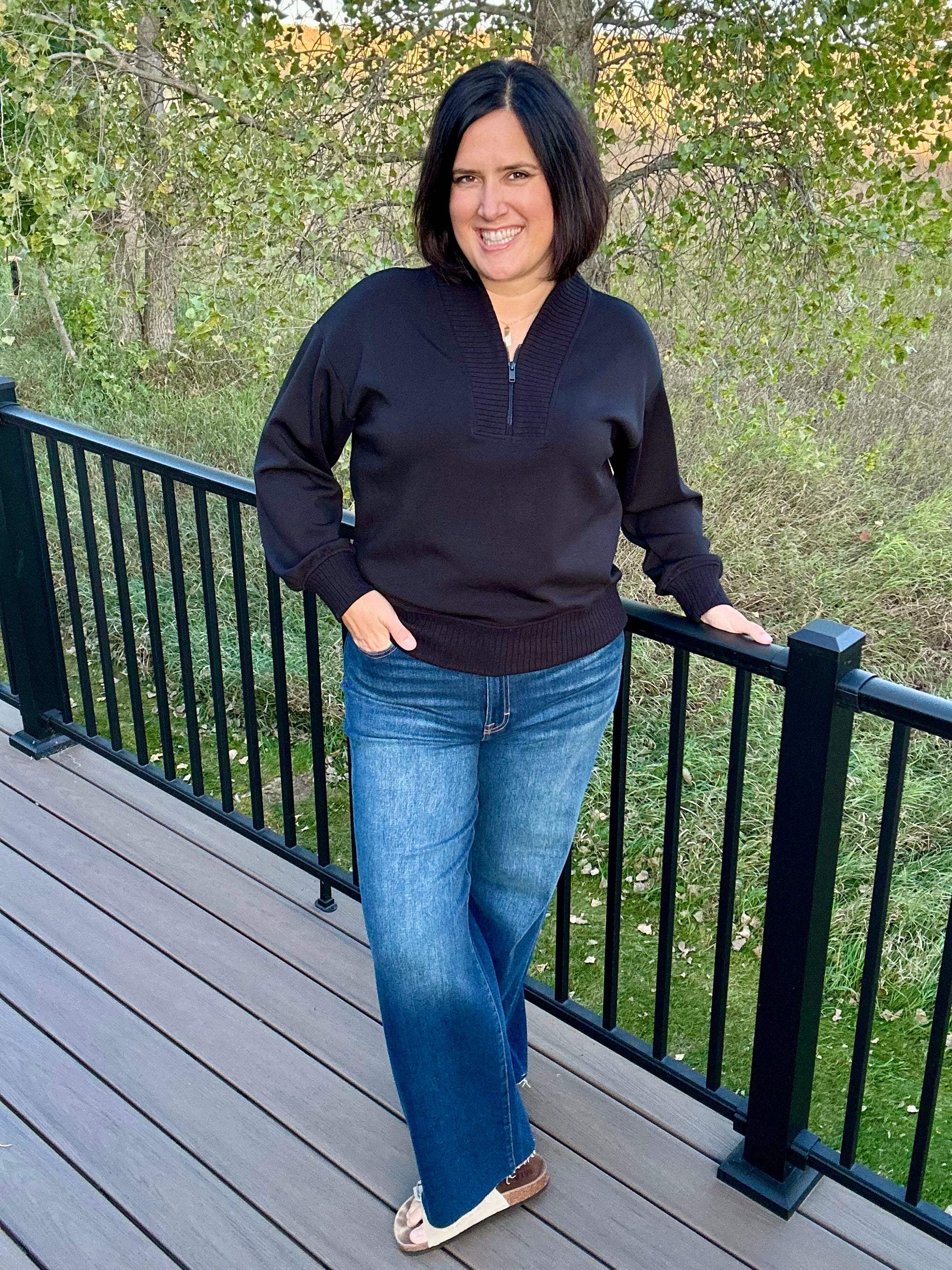 Black Quarter Zip Pullover Tops- Sweaters RAE MODE