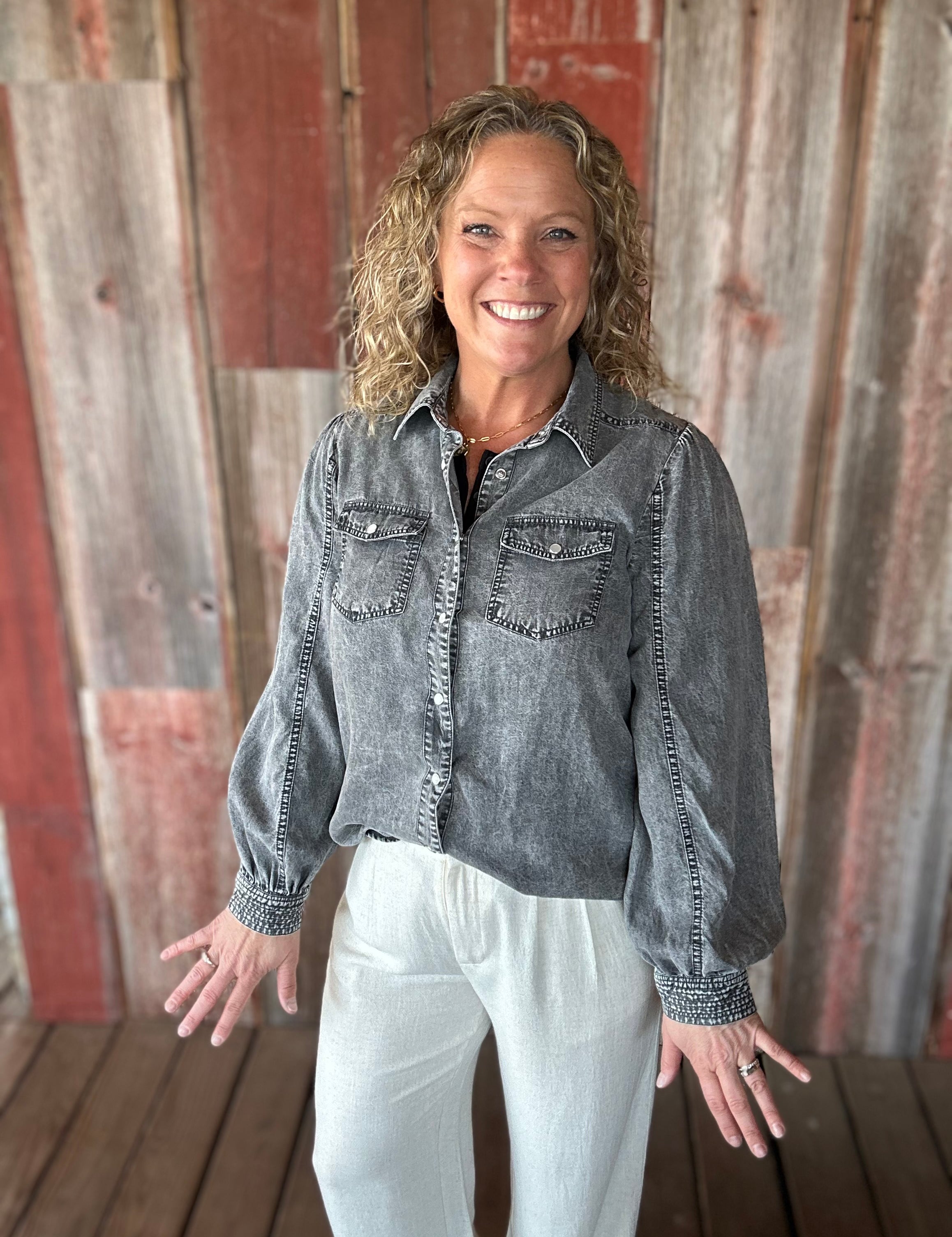 Black Denim Bubble Sleeve Tencel Shirt Tops - Button Ups DOE & RAE