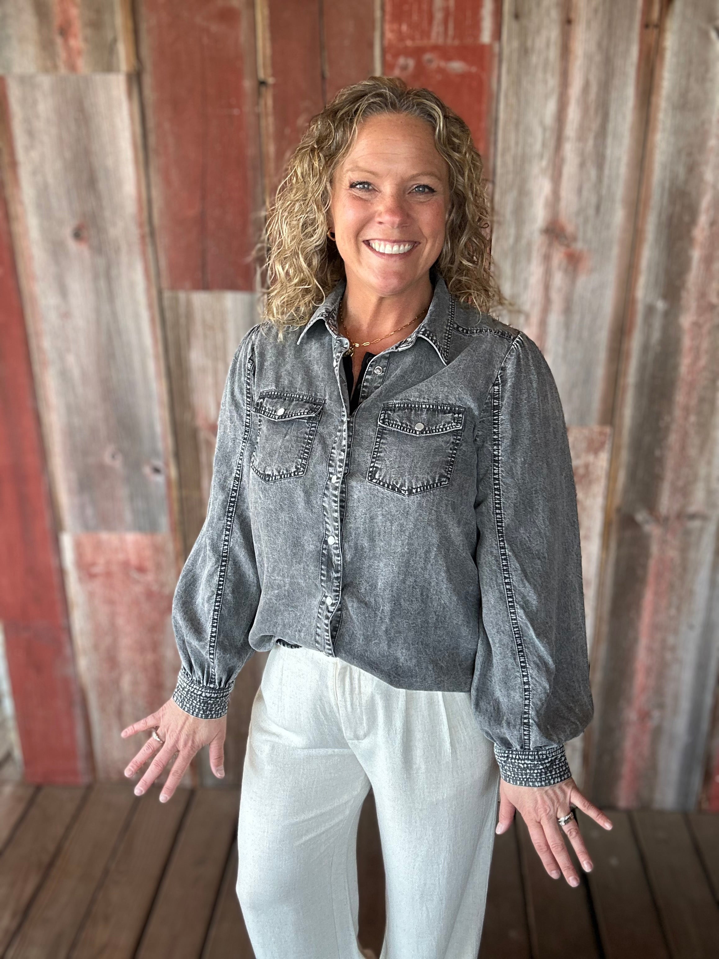 Black Denim Bubble Sleeve Tencel Shirt Tops - Button Ups DOE & RAE