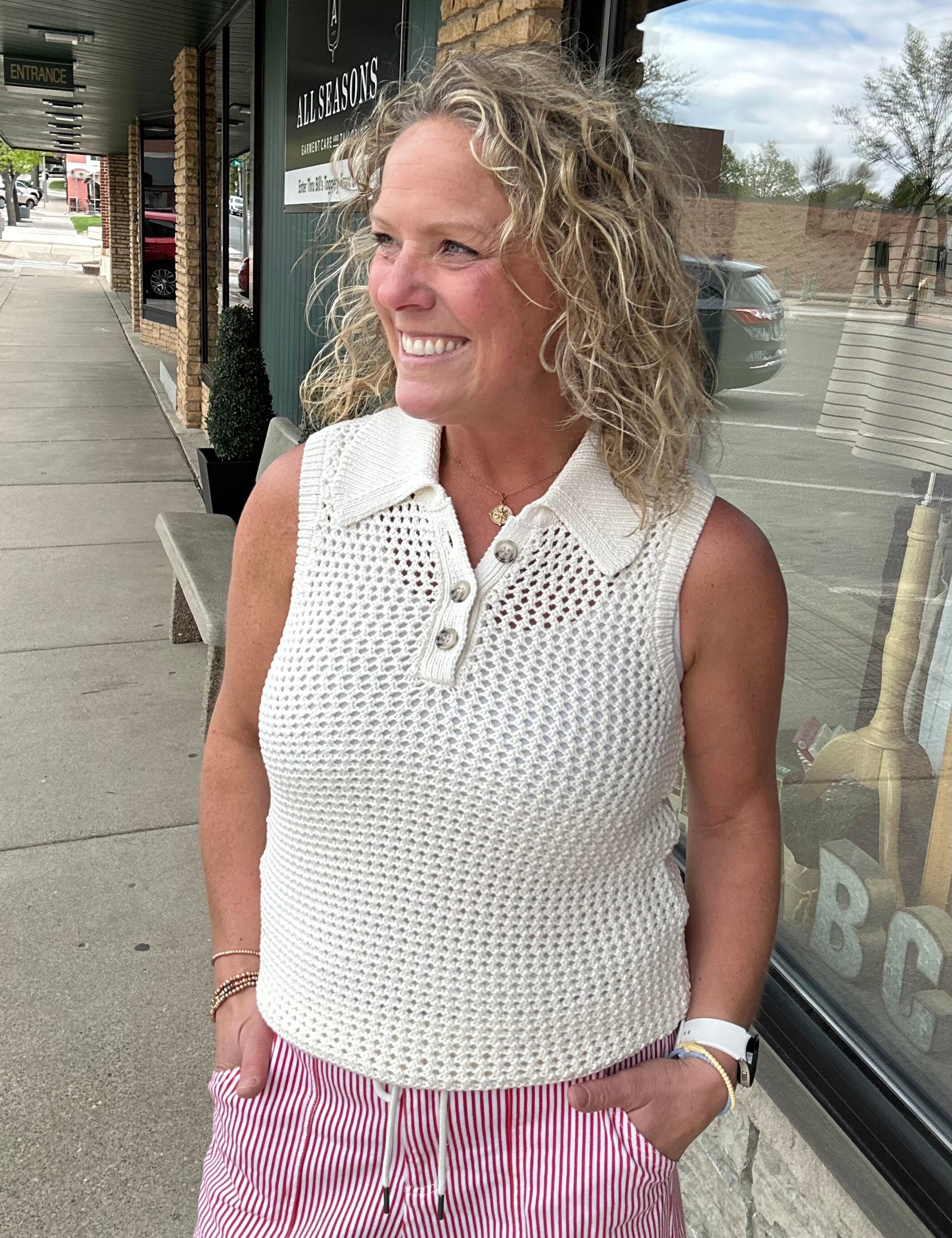 White Leigh Open-Knit Sweater Tank Top - Sweater FLAG AND ANTHEM