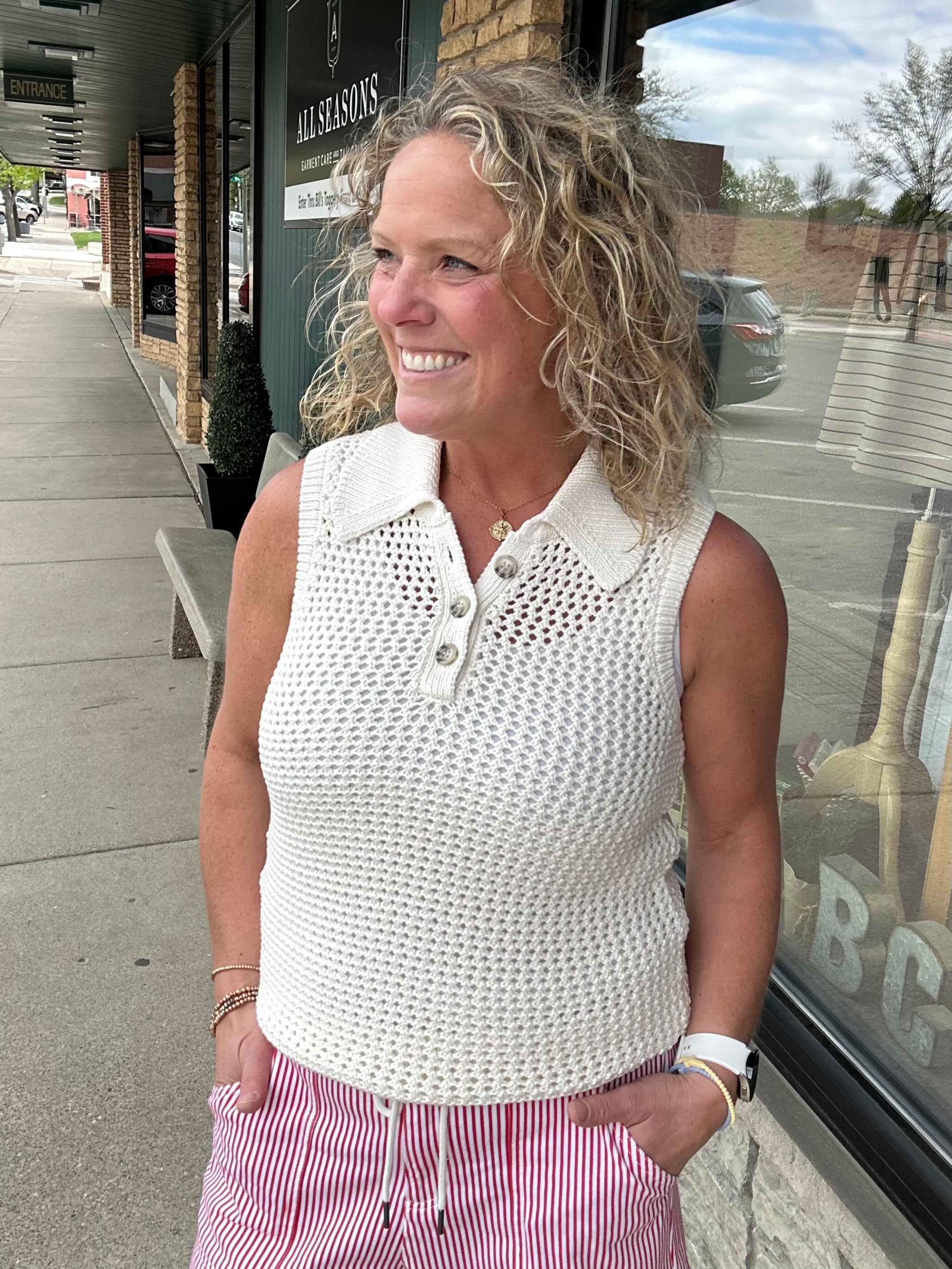 White Leigh Open-Knit Sweater Tank Top - Sweater FLAG AND ANTHEM