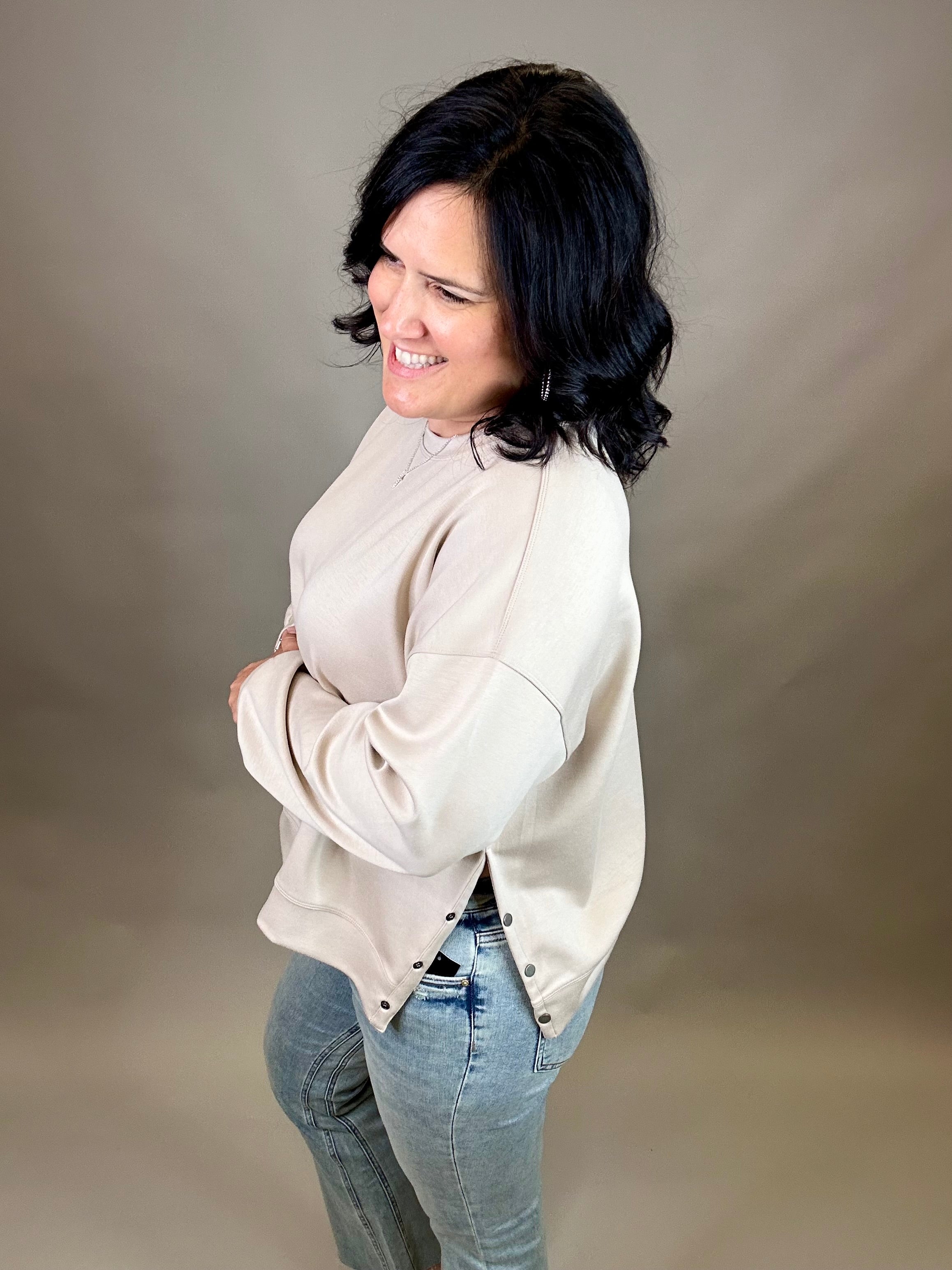 Stone Side Button Sweatshirt Top- Sweatshirts WISHLIST