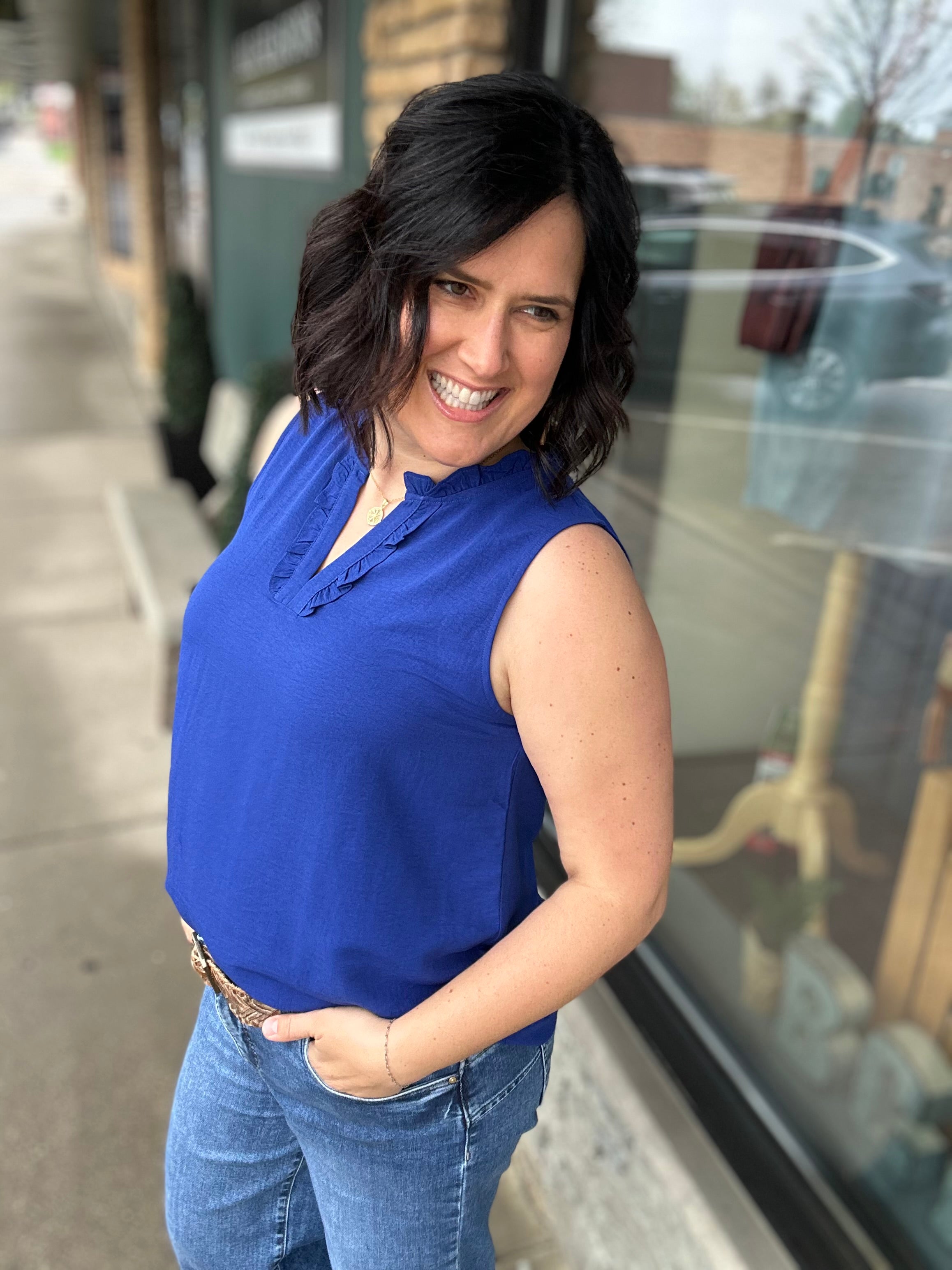 Royal Ruffle V Neck Sleeveless Tops- Blouses STACCATO