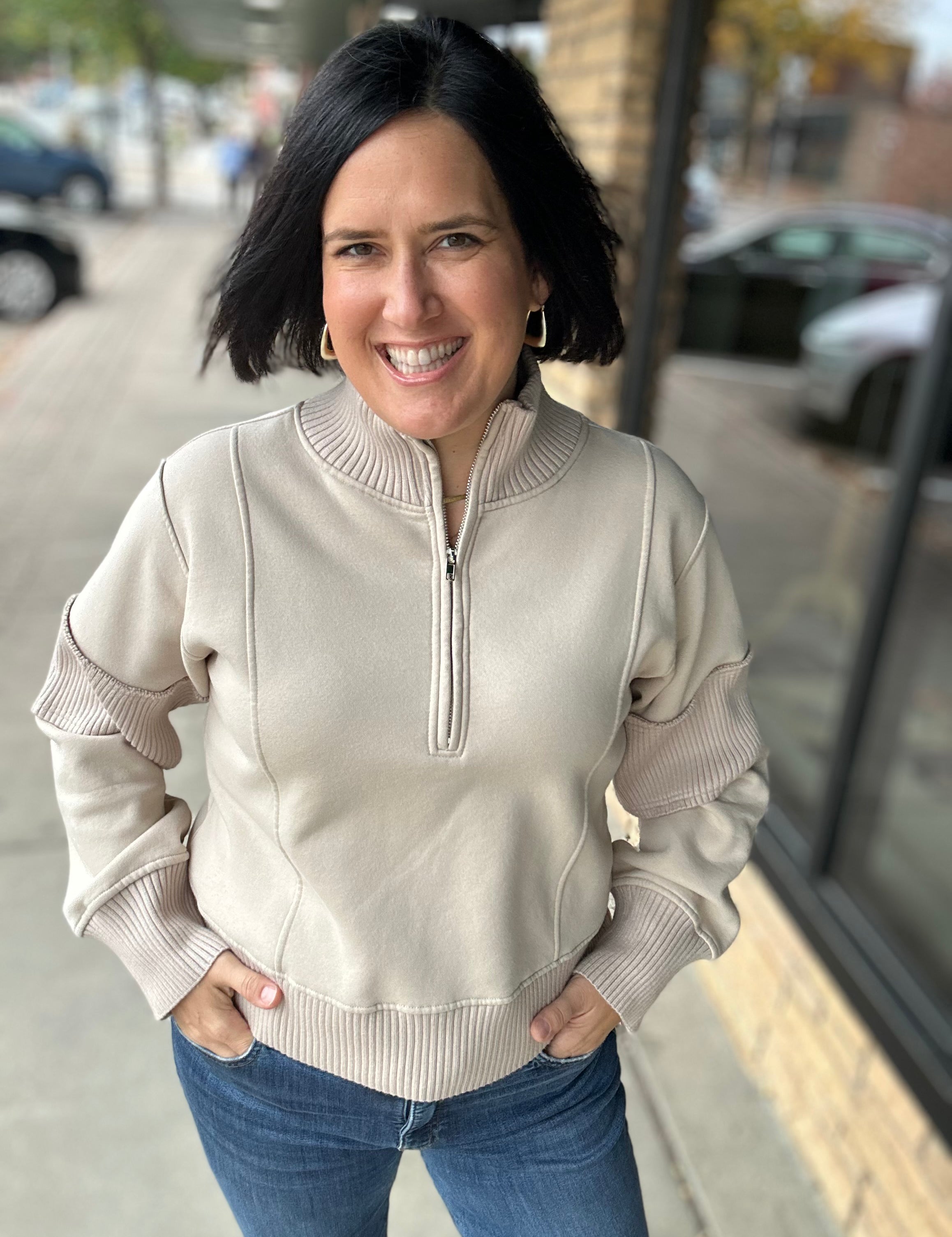 Sand Half Zip-Up Brushed Terry Top Top - Sweatshirt HEM & THREAD
