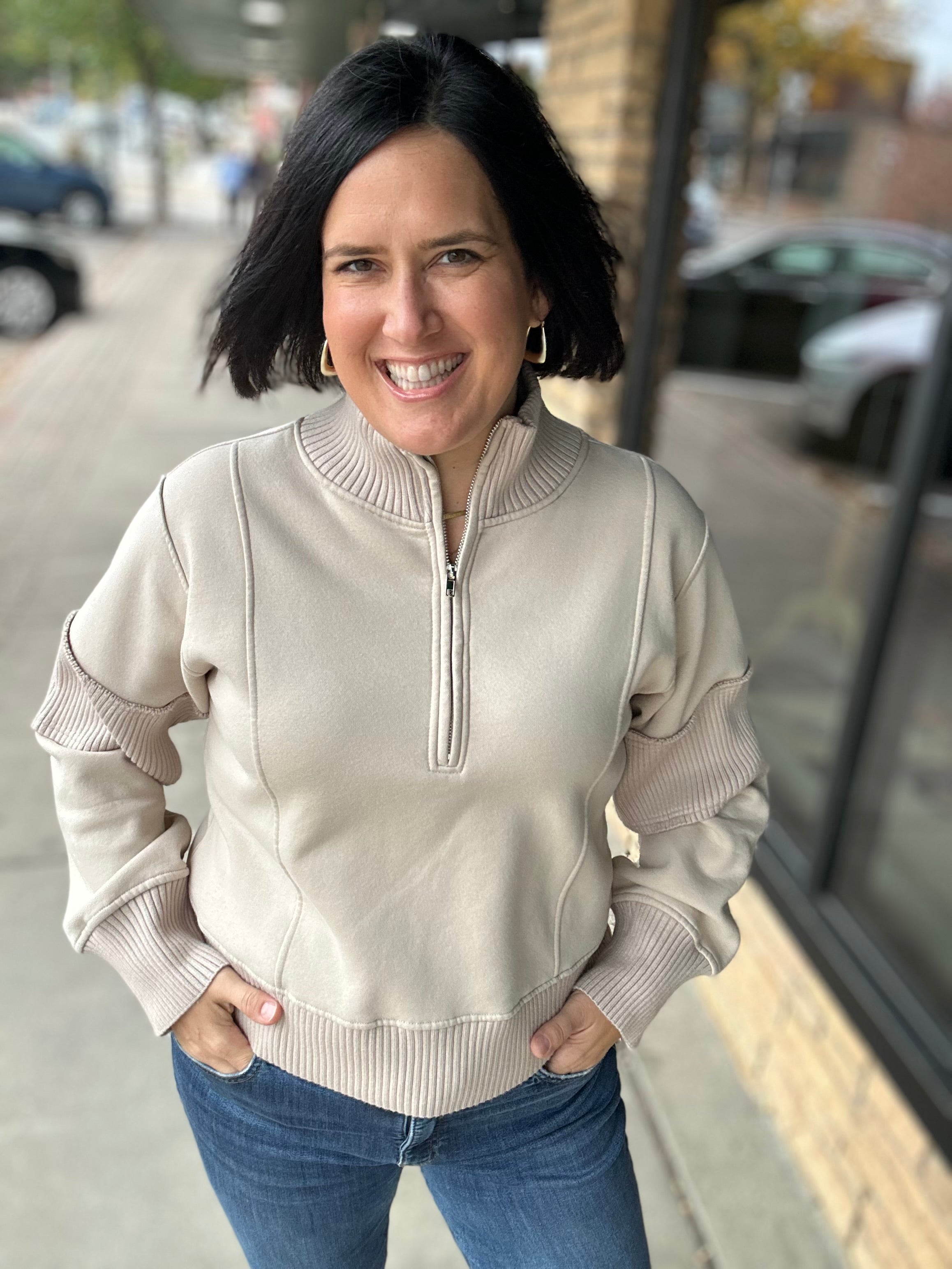 Sand Half Zip-Up Brushed Terry Top