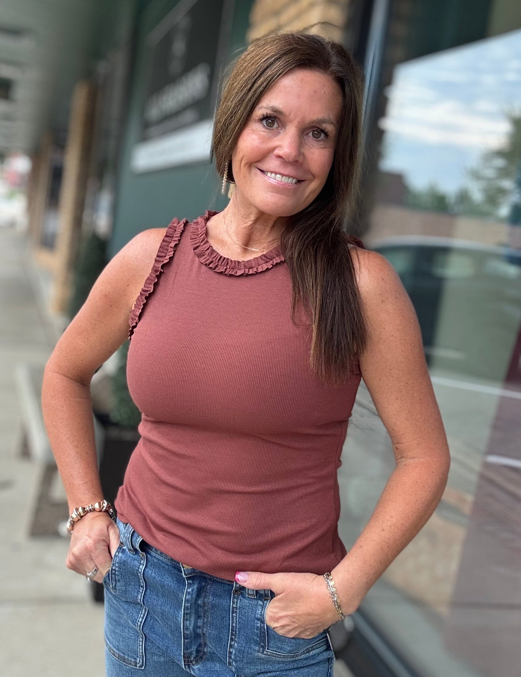 Terracotta Ruffle Trim Ribbed Tank Tops- Tanks DOE & RAE