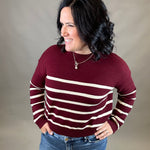 Wine/Cream Striped Drop Shoulder Sweater Top - Sweater WISHLIST