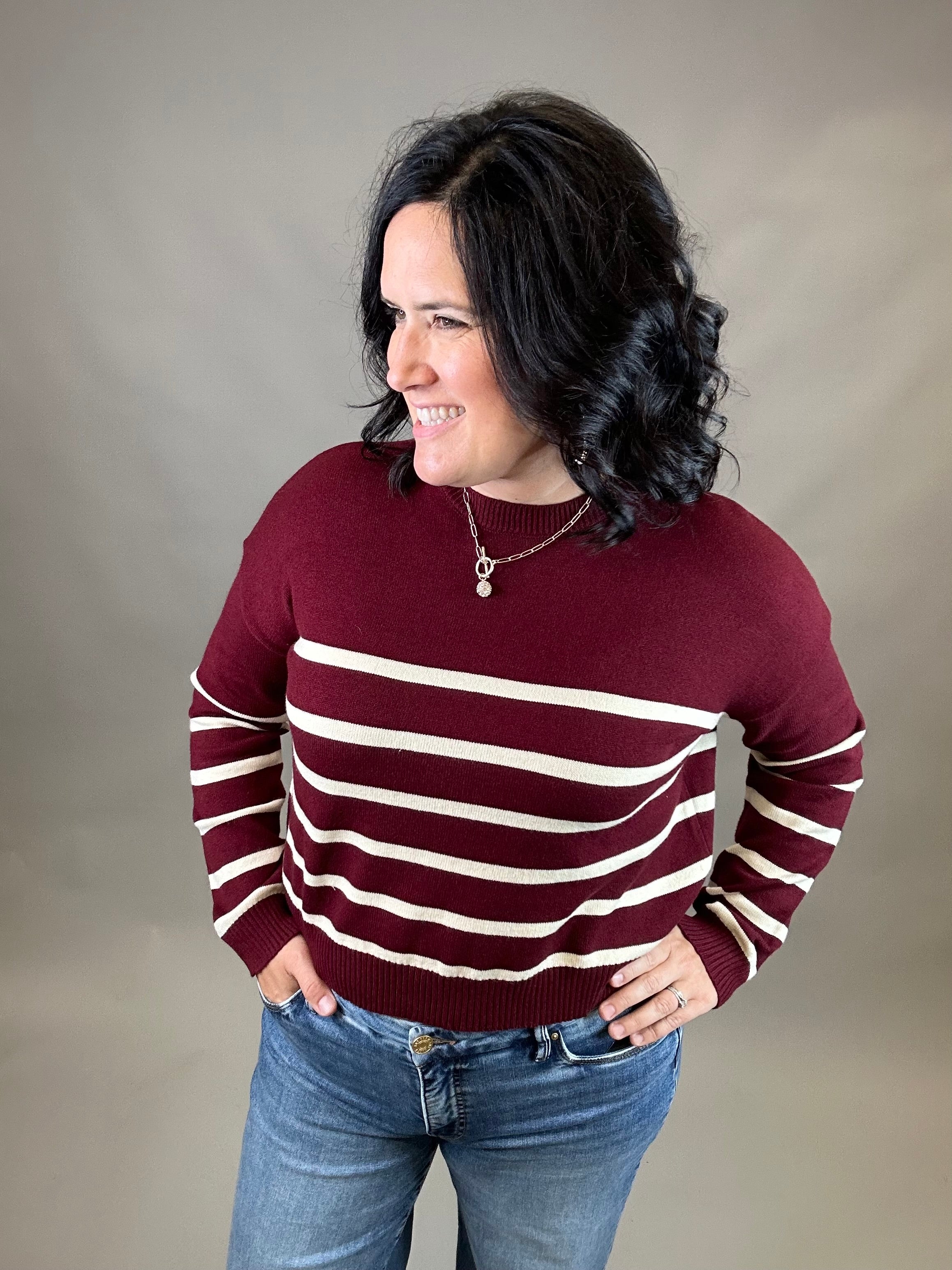 Wine/Cream Striped Drop Shoulder Sweater Top - Sweater WISHLIST