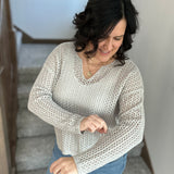 Grey Split Neck Open Knit Sweater