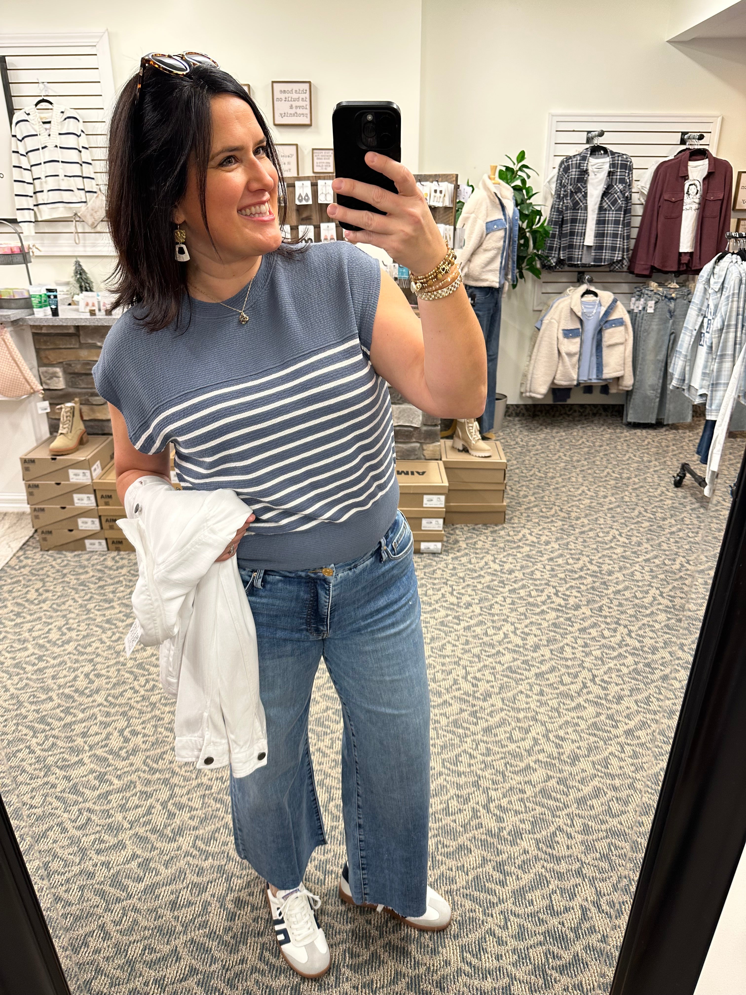 Denim Short Sleeve Cloudy Knit Stripe Top Top - Tee TRES BIEN