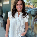 Cream Flutter Sleeve Button Down Top Tops- Blouses THML