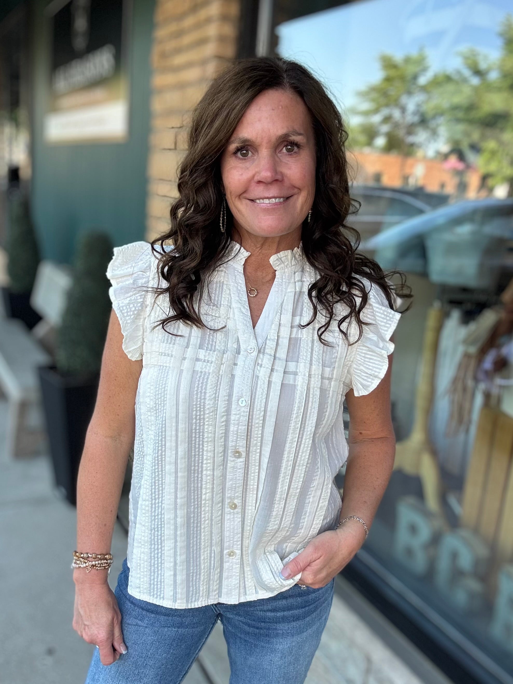 Cream Flutter Sleeve Button Down Top Tops- Blouses THML