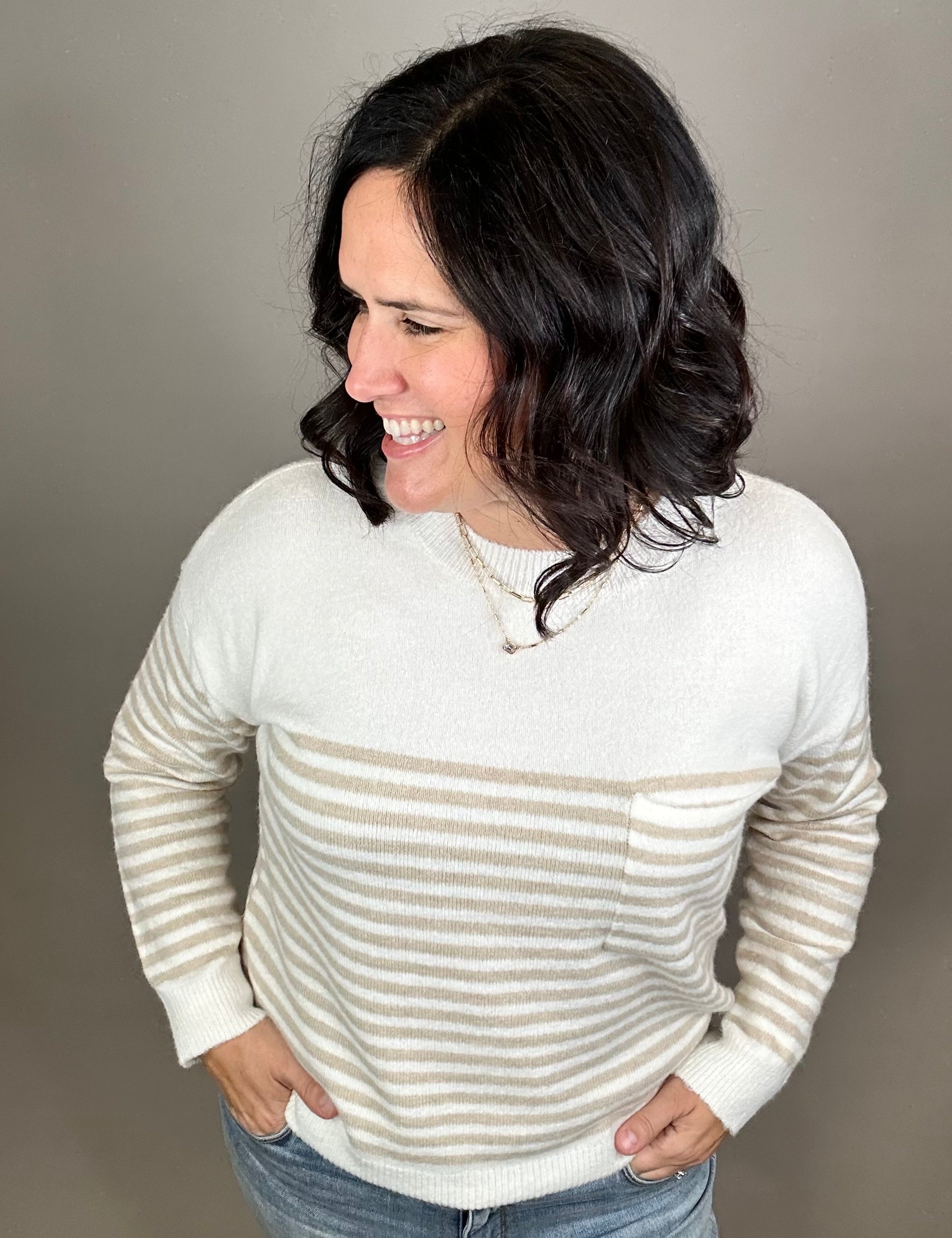 Creamy Oat Striped Pocket Sweater Top - Sweater STACCATO