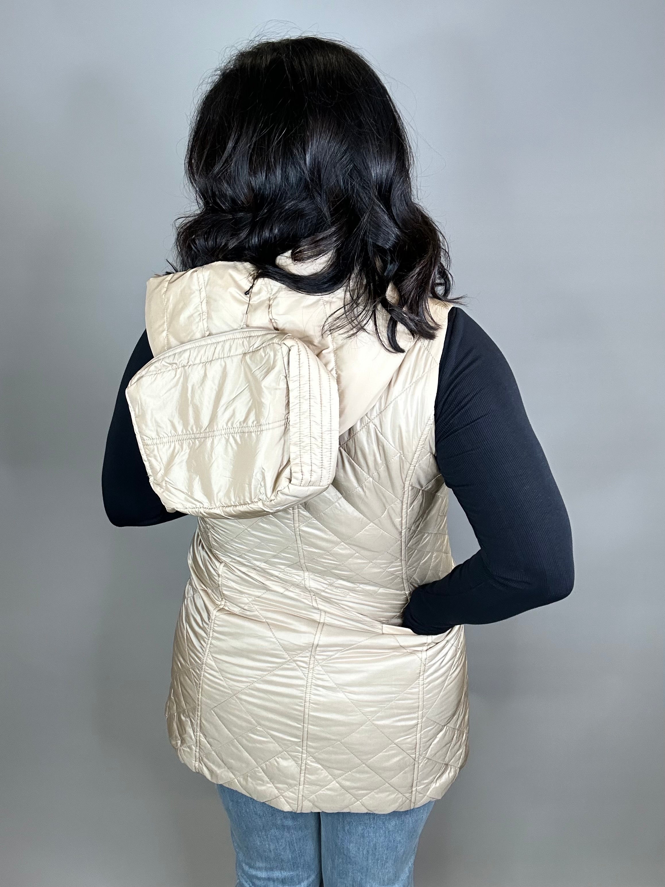 Camel Long Quilted Vest Outerwear - Vest Anorak