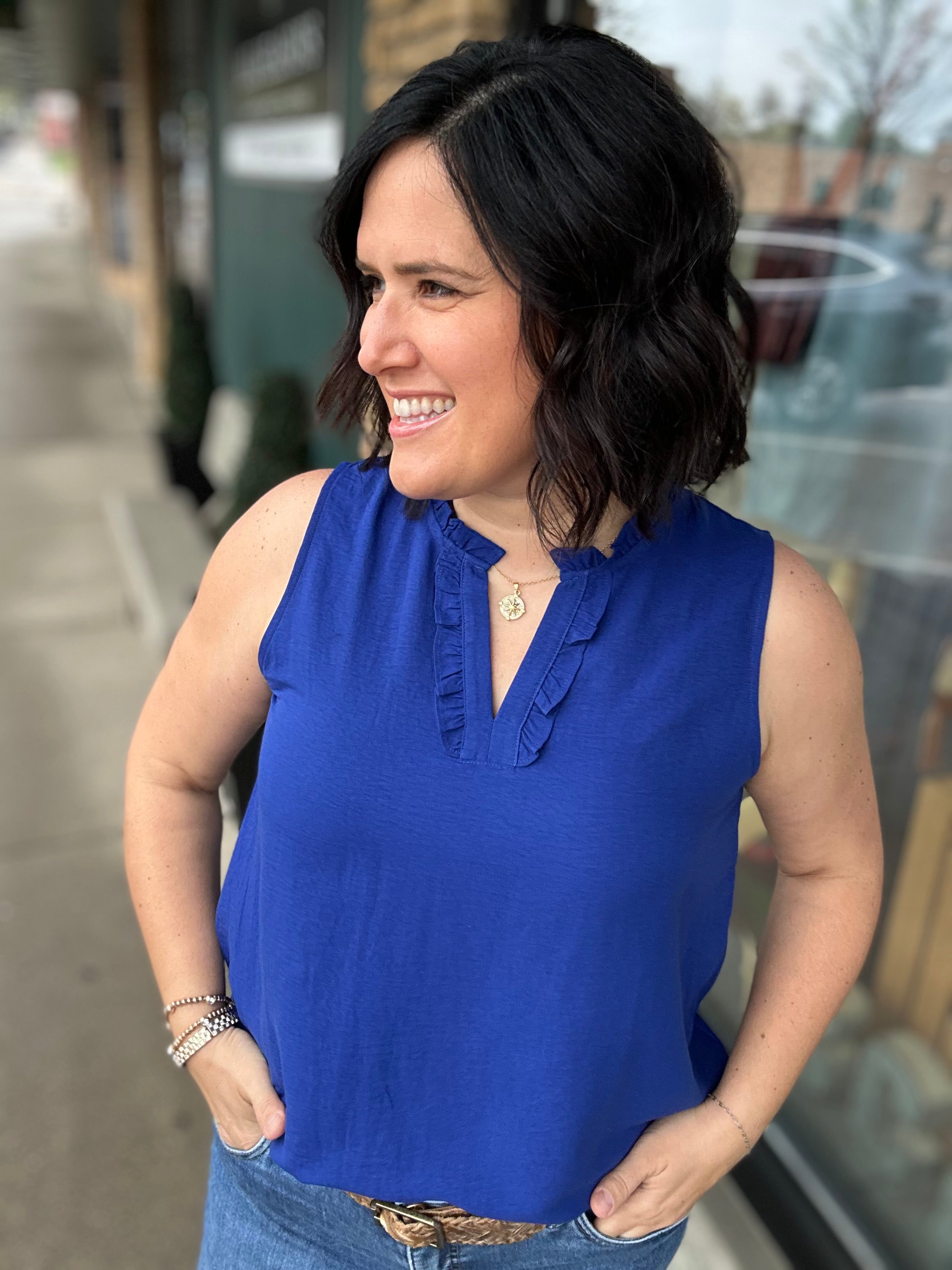 Royal Ruffle V Neck Sleeveless Tops- Blouses STACCATO