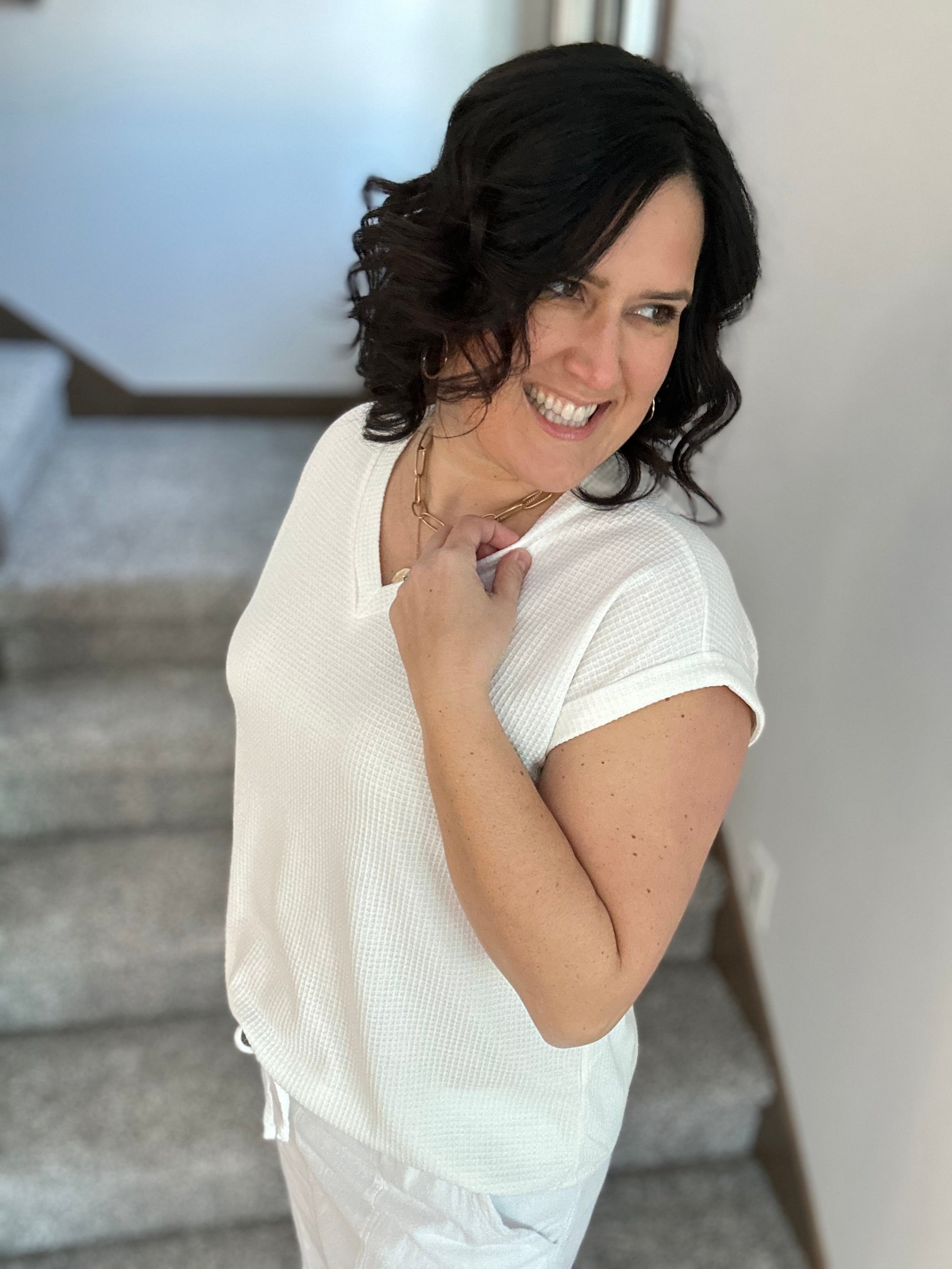 Ivory Waffle Knit V Neck Top - Tee ANDREE