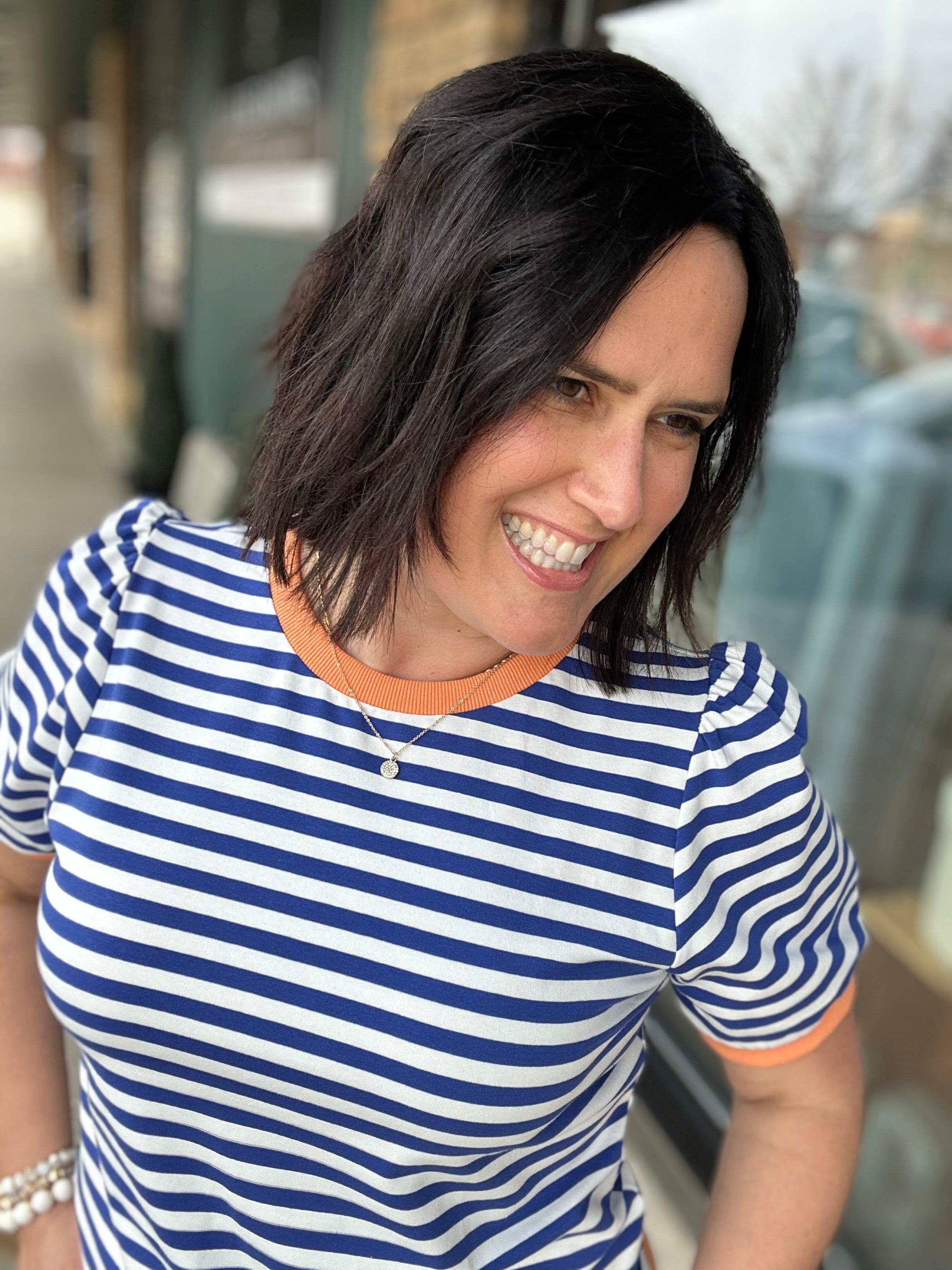 Royal & White Striped Puff Sleeve Top Tops- Sweatshirts JODIFL