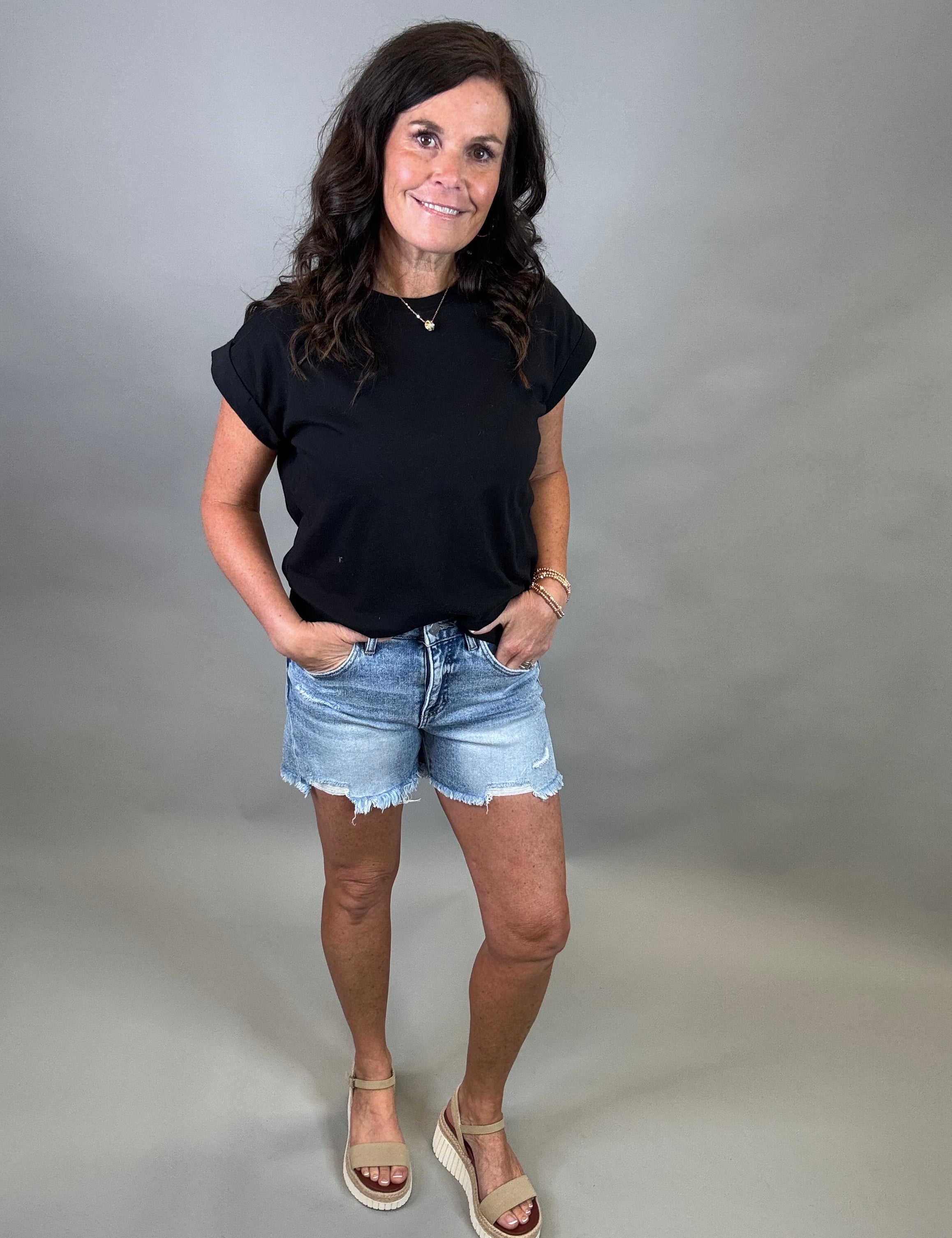 Tummy Control Loose Fit Denim Shorts Bottoms - Shorts RISEN