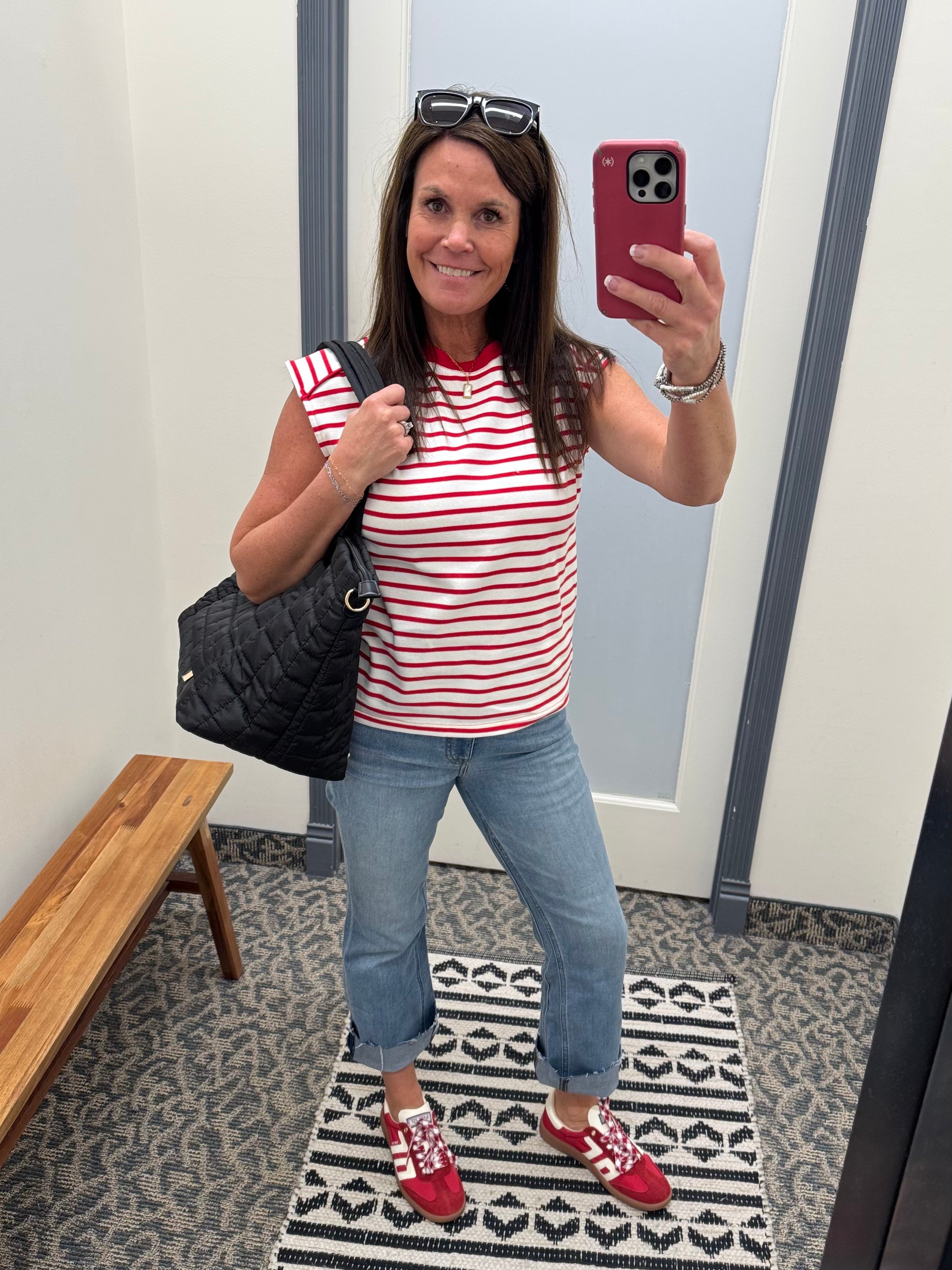 Red/White Striped Top Piping Detail Top - Tee STACCATO