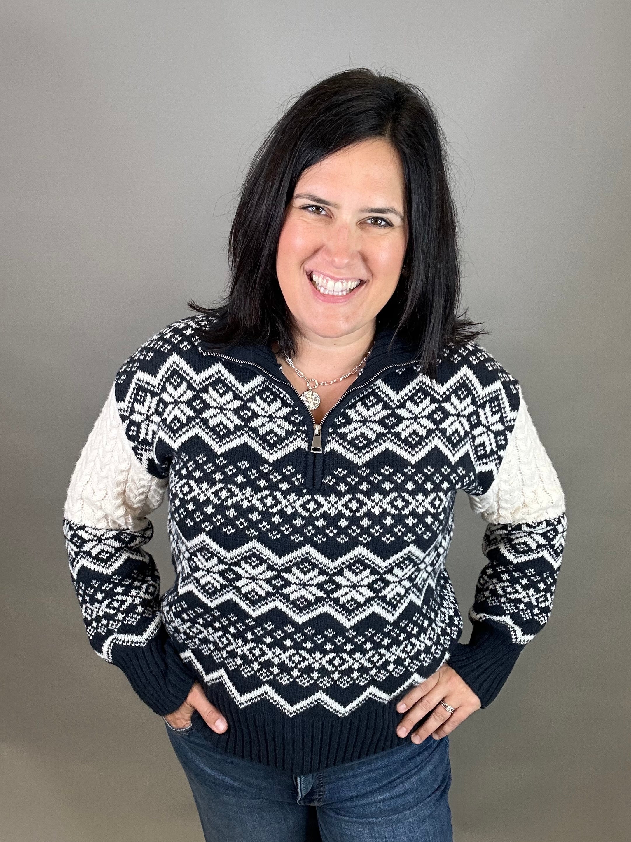 Navy Jacquard Half Zip Sweater Top - Sweater HEM & THREAD