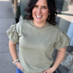Sage Eyelet Contract Short Sleeve Sweatshirt Top - Sweatshirt DOE & RAE