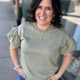 Sage Eyelet Contract Short Sleeve Sweatshirt Top - Sweatshirt DOE & RAE