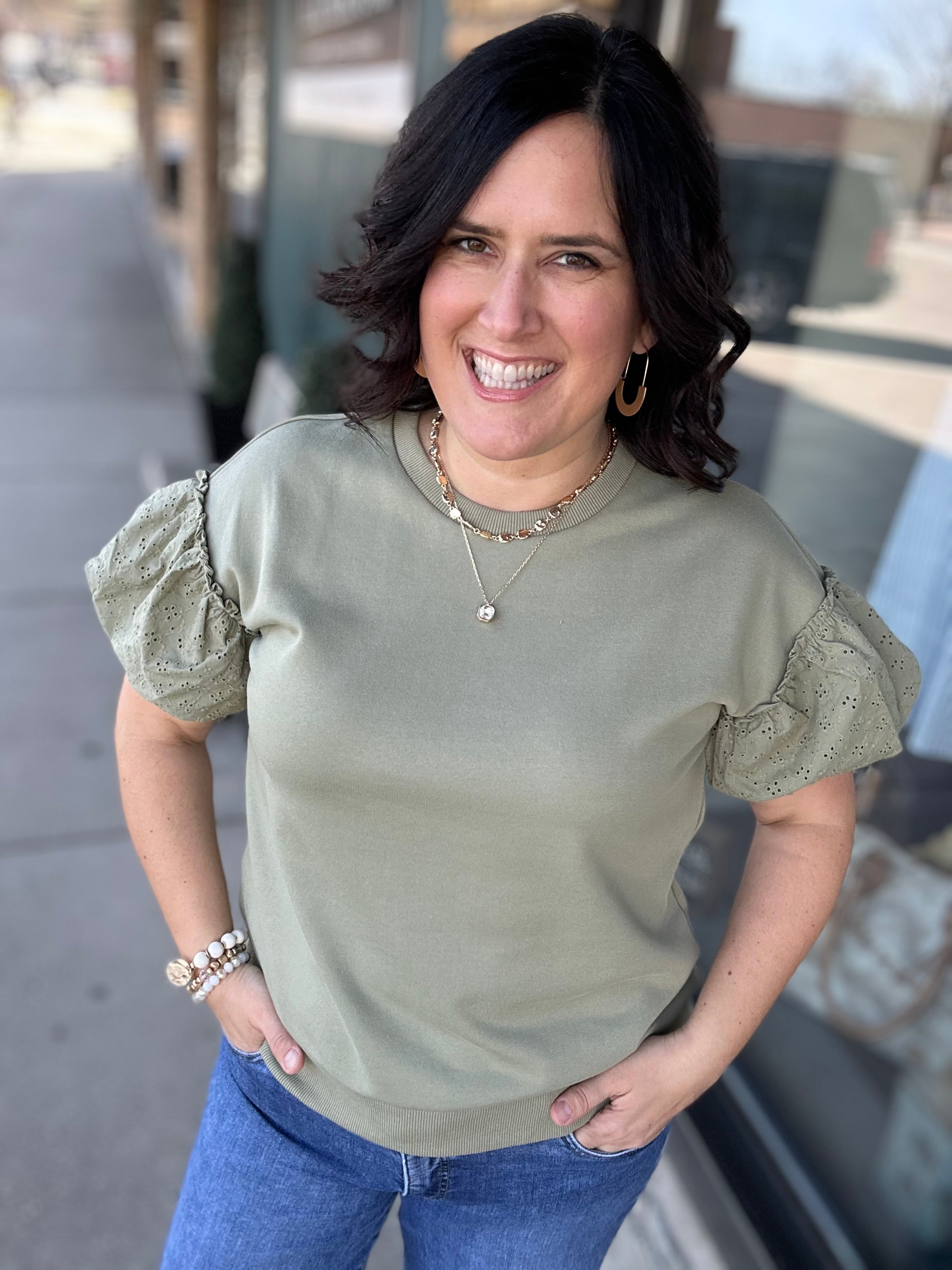 Sage Eyelet Contract Short Sleeve Sweatshirt Top - Sweatshirt DOE & RAE