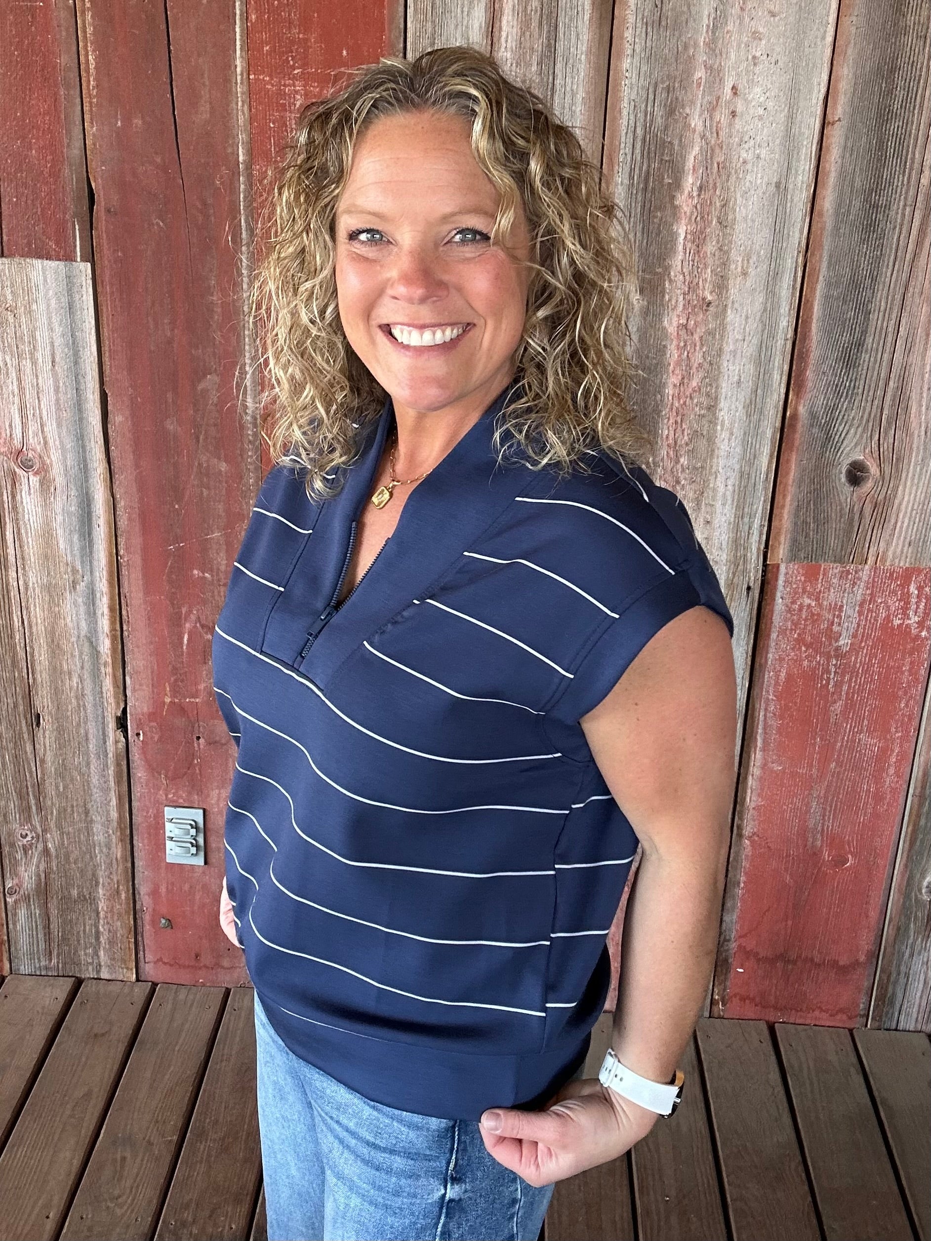 Navy Striped Modal Sleeveless Top Tops- Tanks RAE MODE