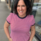 Red, White & Navy Short Sleeve Striped Top Tops- Tees STACCATO