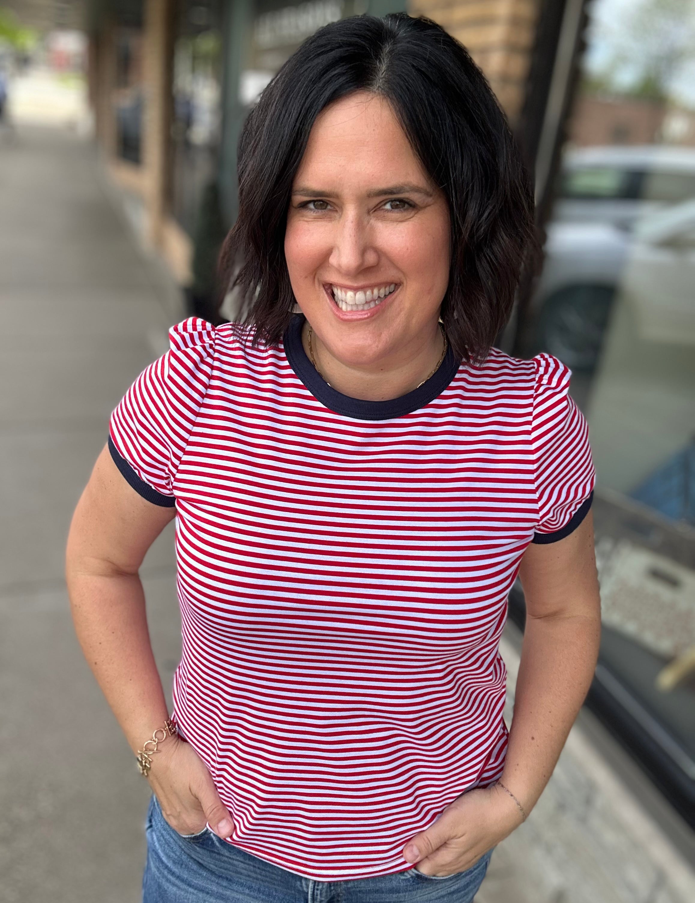 Red, White & Navy Short Sleeve Striped Top Tops- Tees STACCATO