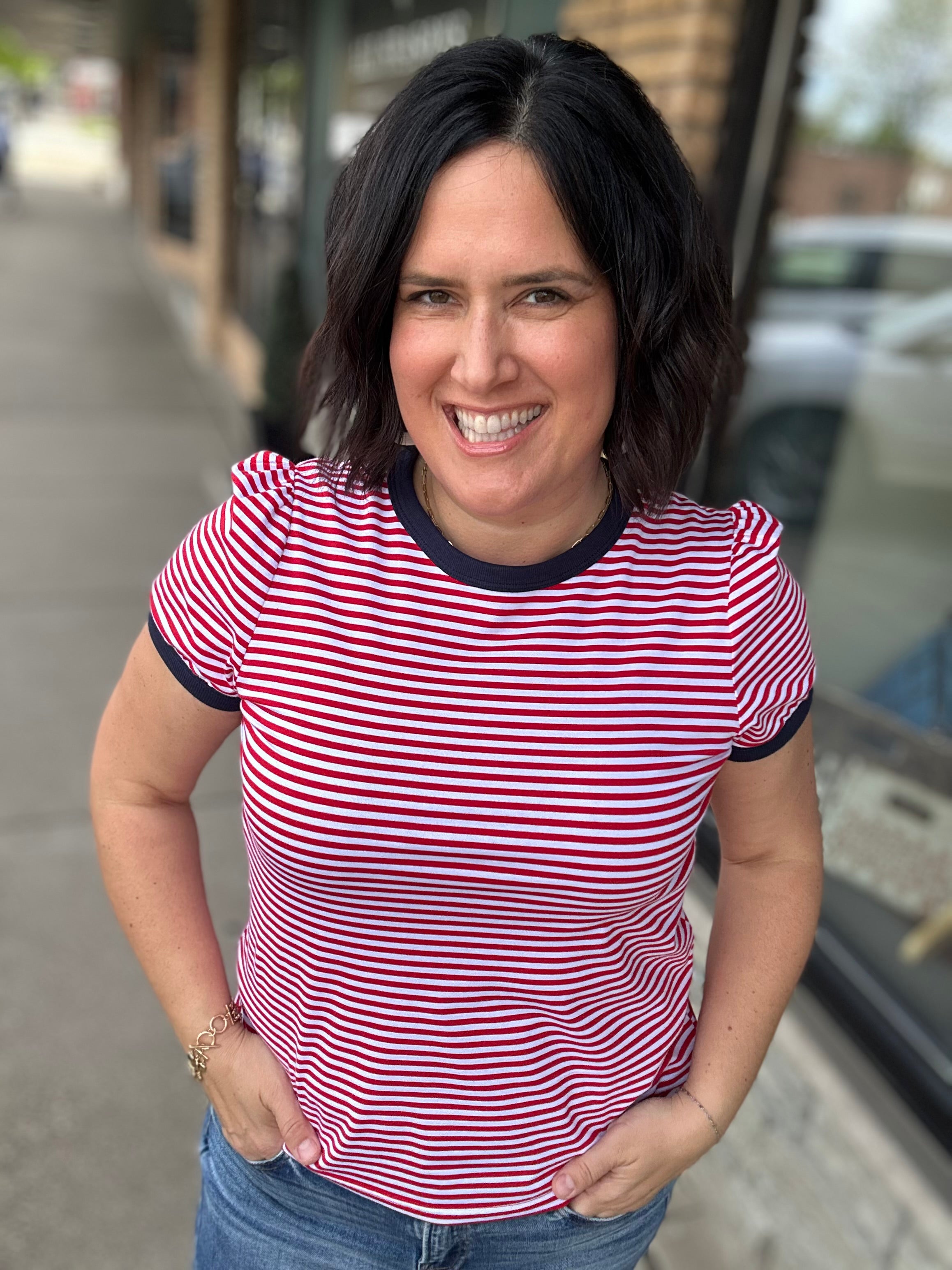 Red, White & Navy Short Sleeve Striped Top Tops- Tees STACCATO