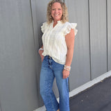 Cream Flutter Sleeve Button Down Top Tops- Blouses THML