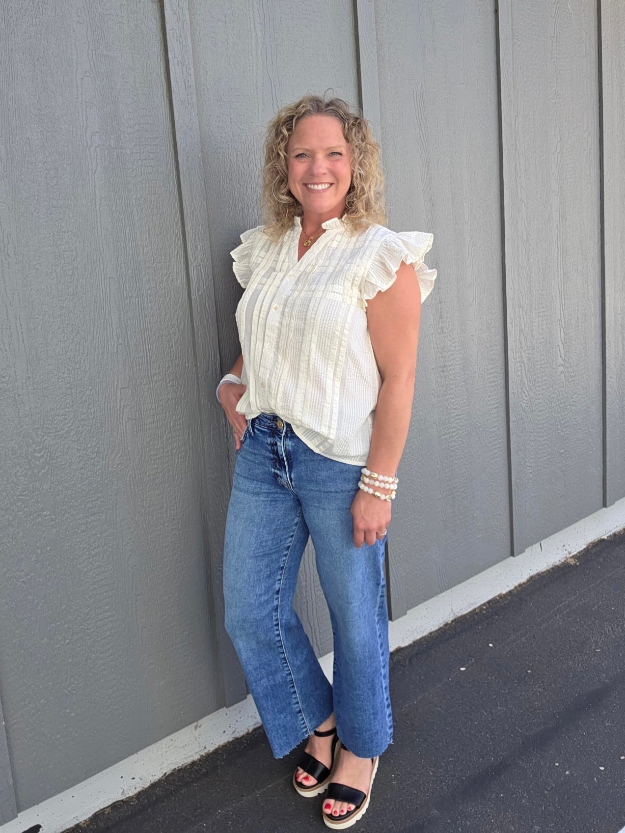 Cream Flutter Sleeve Button Down Top Tops- Blouses THML