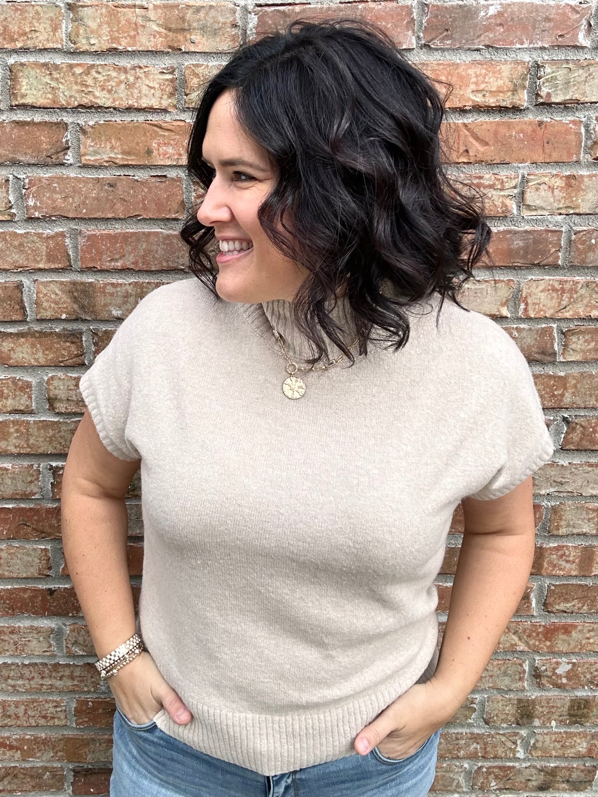 Oatmeal Mock Neck Sweater Vest Top - Sweater STACCATO